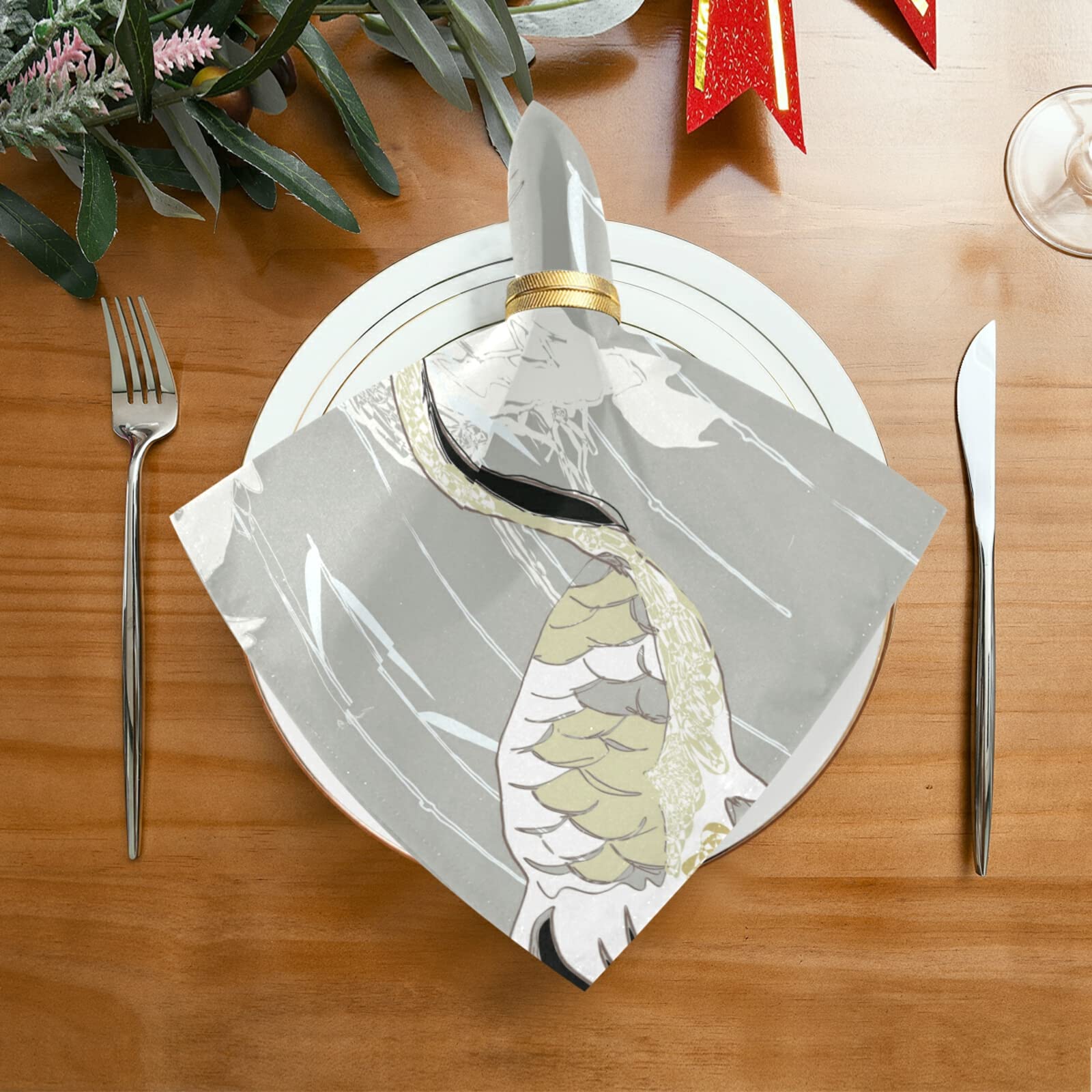 Susiyo Beige & White Heron Print Cloth Napkins - Set of 6 Reusable 20x20 Inch Dinner Napkins for Family Dinners, Weddings, Restaurants | Eco-Friendly Table Linens for Formal Dining & Special Occasions
