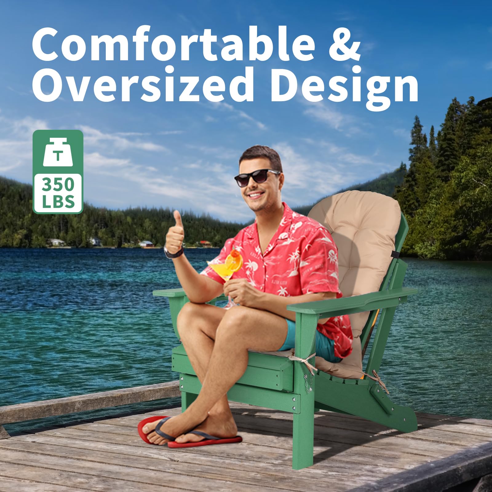 Premium Folding Adirondack Chair with Cushion & Cup Holder - Heavy Duty HDPE Plastic Oversized Patio Chair - Weather Resistant Outdoor Furniture for Garden, Deck, Fire Pit, Camping & Backyard Relaxation (Green)