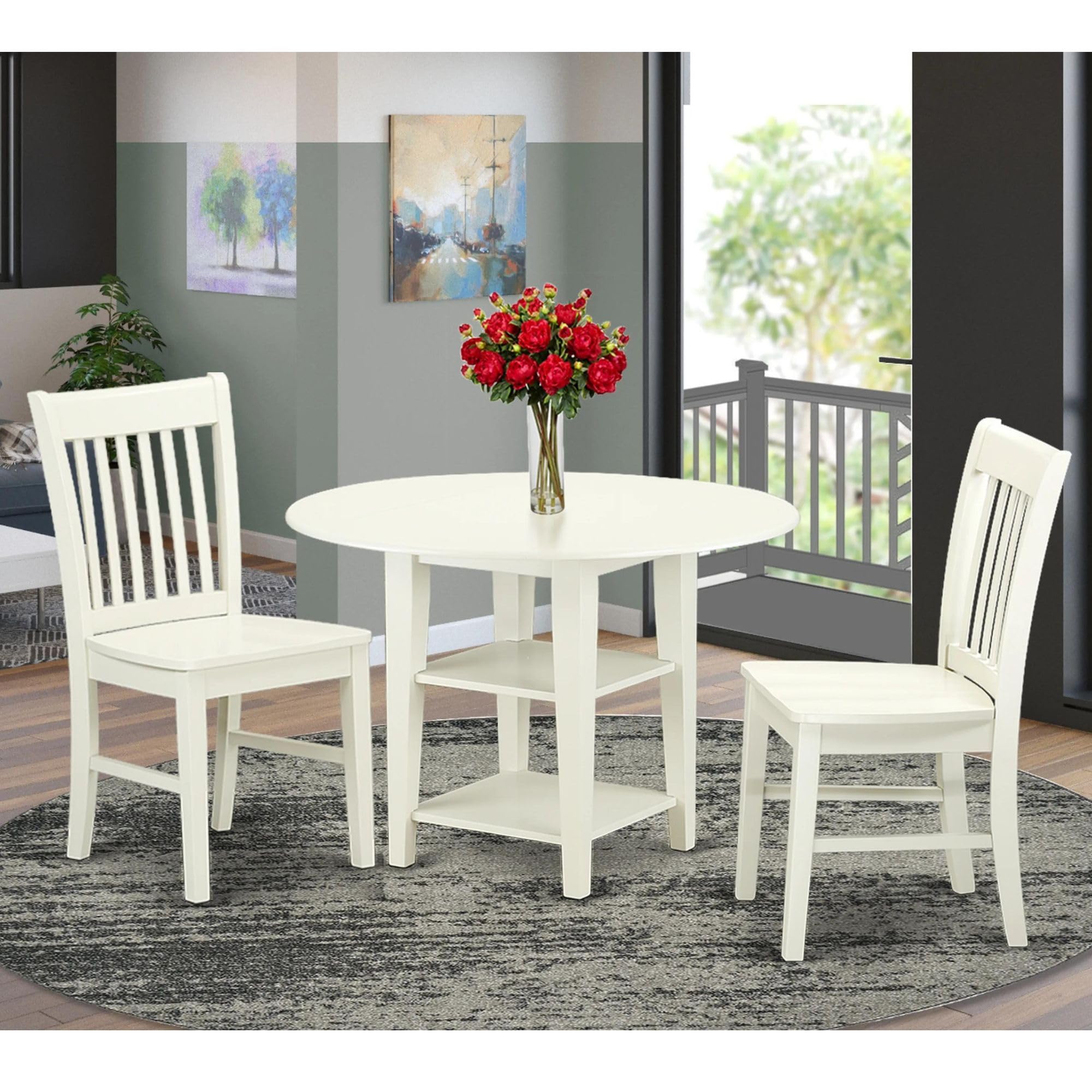 East West Furniture SUNO3-LWH-W 3-Piece Round Dining Table Set with Drop Leaf & Storage Shelves, 2 Chairs, 42x42 Inch, Linen White - Perfect for Small Kitchens, Breakfast Nooks & Cozy Apartments