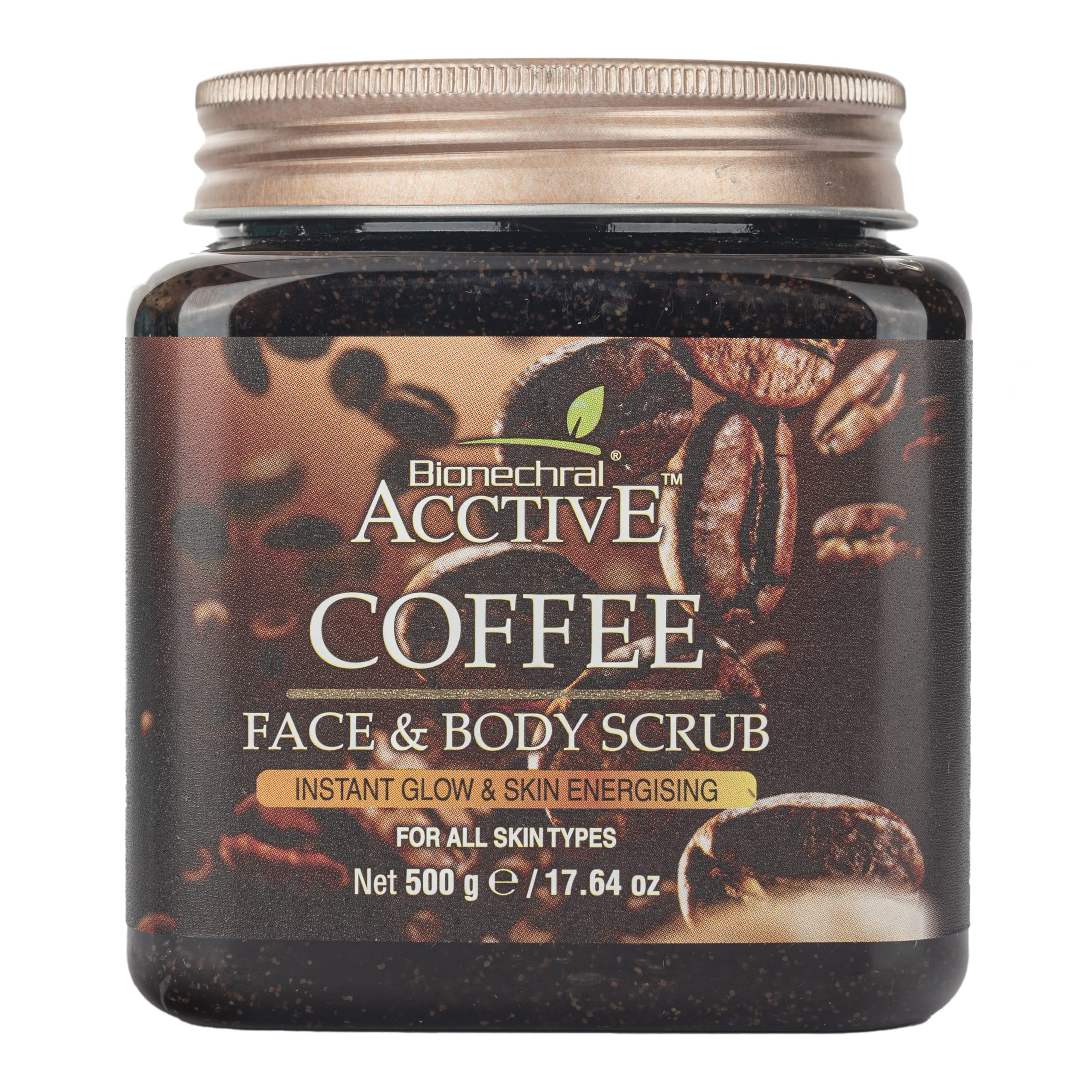 Bionechral ACCTIVE Coffee Face & Body Scrub - Exfoliating & Energizing for All Skin Types, Instant Glow & Smooth Skin (500g, Pack of 1) - Perfect for Daily Skincare Routine & Spa Day at Home