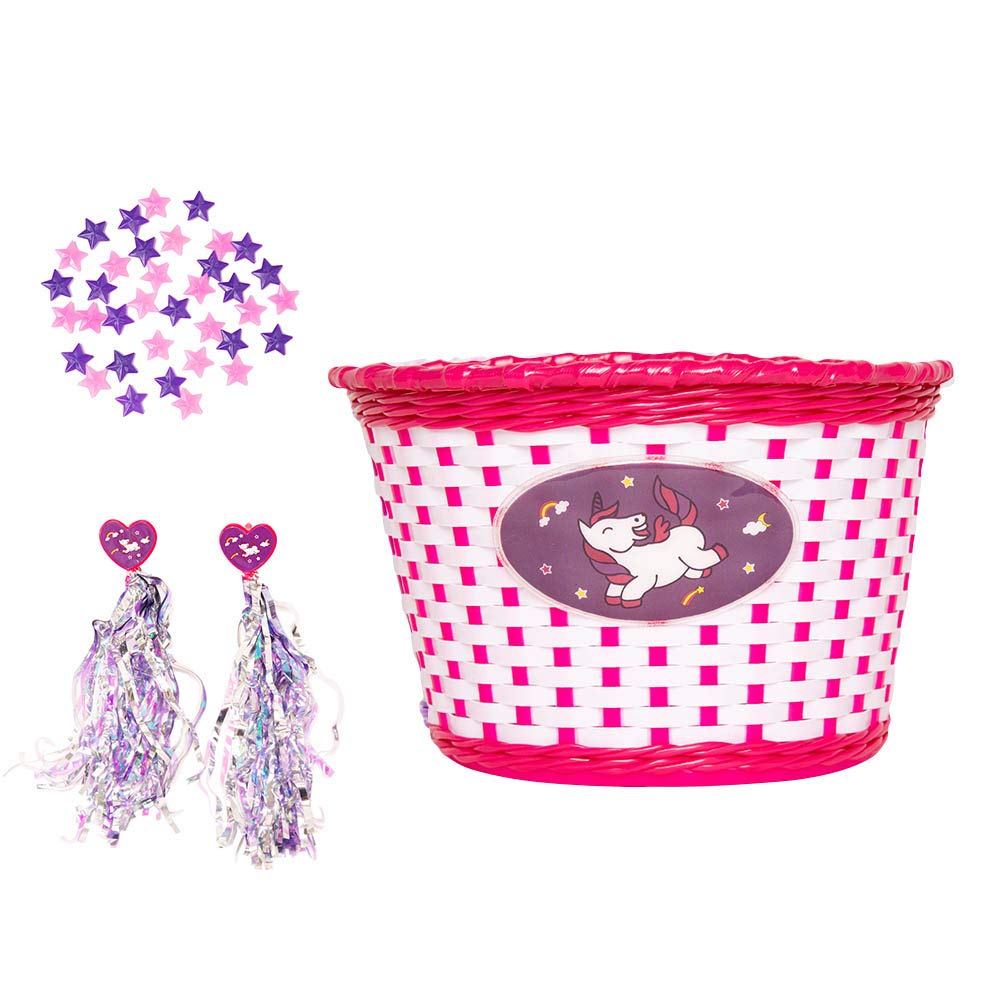Little Jupiter Unicorn Bike Basket with Streamers & 36pc Star Spoke Decorations - Cute Girls Bicycle Accessories for Birthday Gifts & Outdoor Riding Fun
