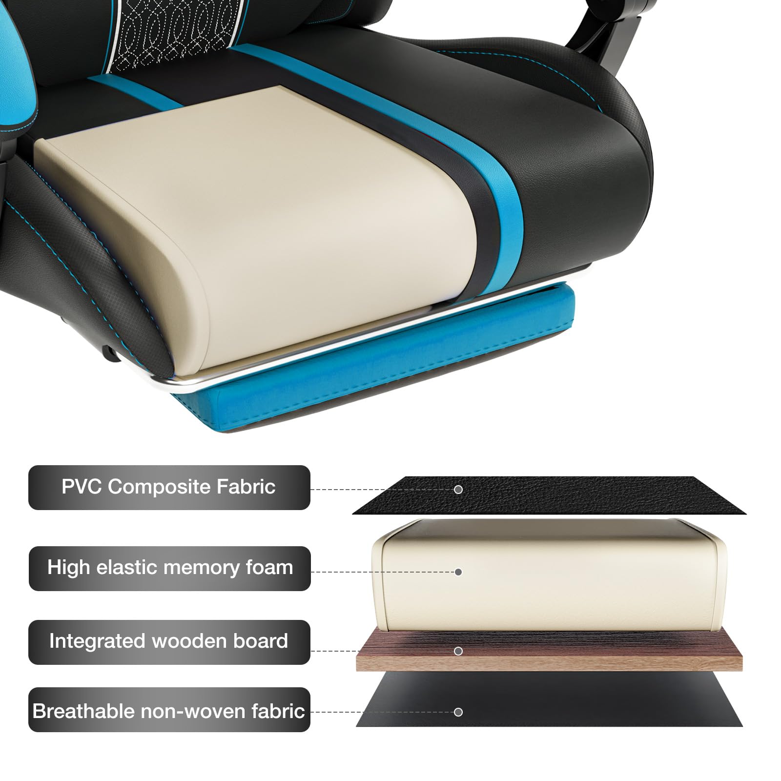 HOFFREE LED Gaming Chair with Massage & Speakers - Big and Tall Reclining Video Game Chair with Footrest - 400lbs Capacity High Back Ergonomic Computer Desk Chair (Blue and Black) - Perfect for PC Gaming, Office Work & Home Entertainment