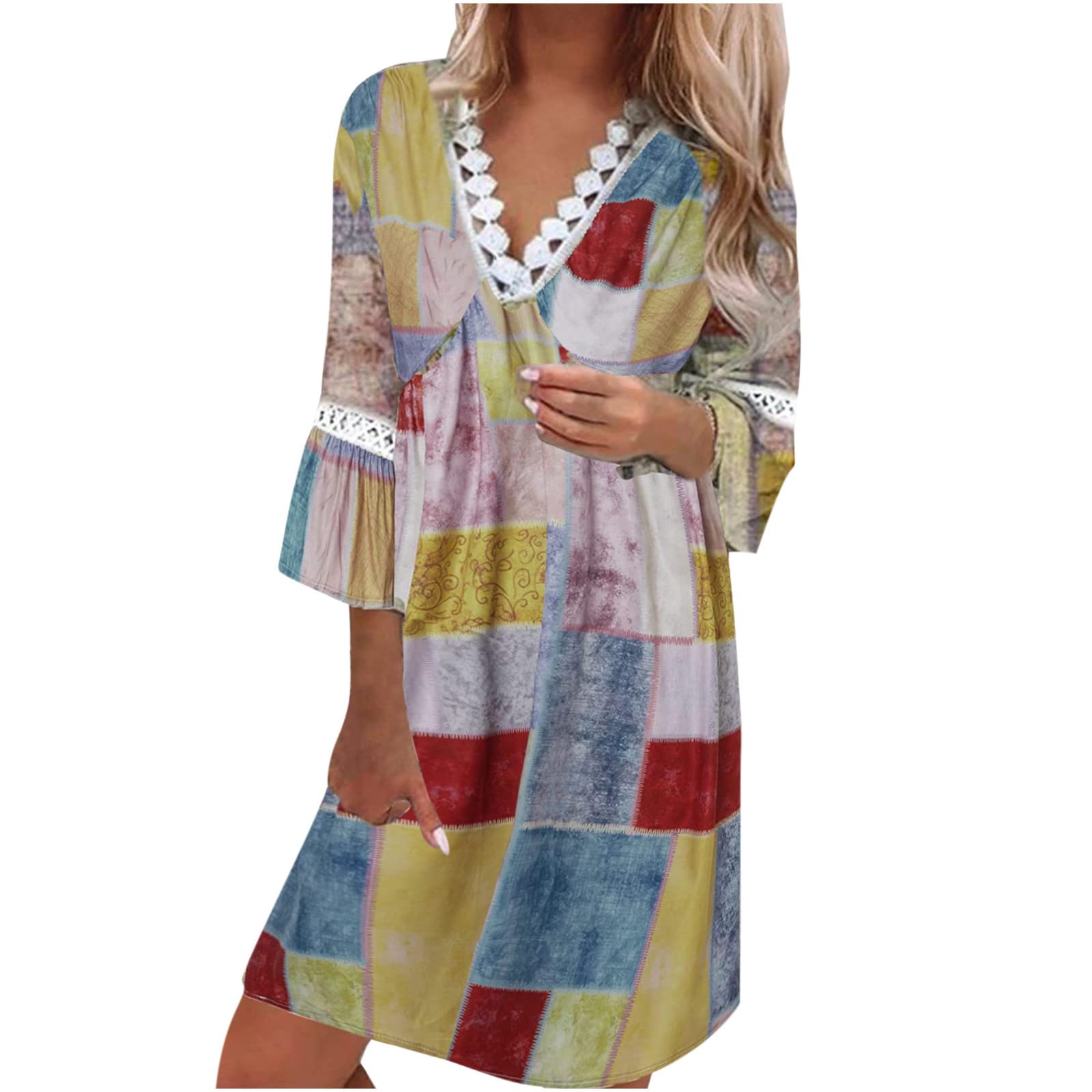 Women's Casual Summer Dress 3/4 Sleeve Lace Trim V-Neck Boho Swing Tunic Midi Dress with Paisley Print - Perfect for Beach, Party & Vacation Outfits