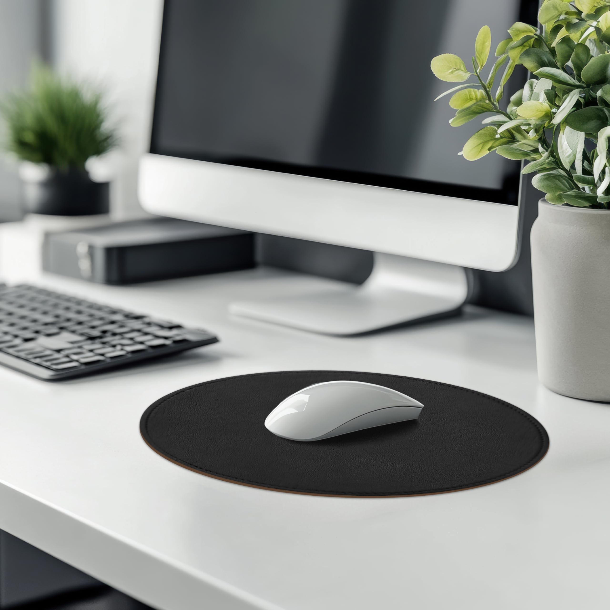 Premium Round PU Leather Mouse Pad with Stitched Edge & Non-Slip Micro-Fiber Base - Waterproof Desk Mat for Computer, Laptop, Gaming (9x9 Inch, Black) - Perfect for Office, Home & Gaming Setups