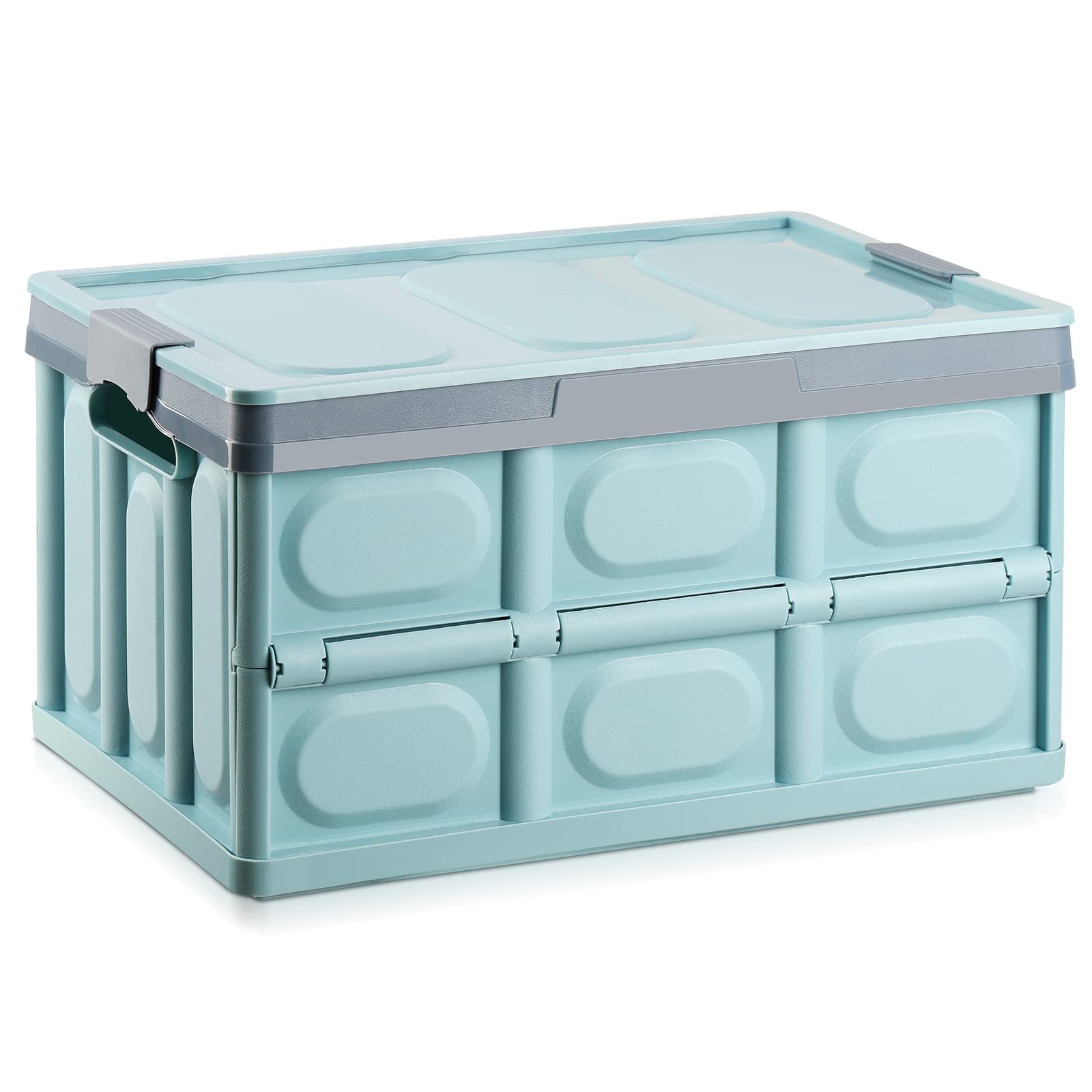 Collapsible 55L Plastic Storage Bin with Lid - Stackable Folding Tote Box for Clothes, Toys, Books, Snacks & Shoes | Space-Saving Organizer for Home, Garage, Office & Dorm Room - Blue