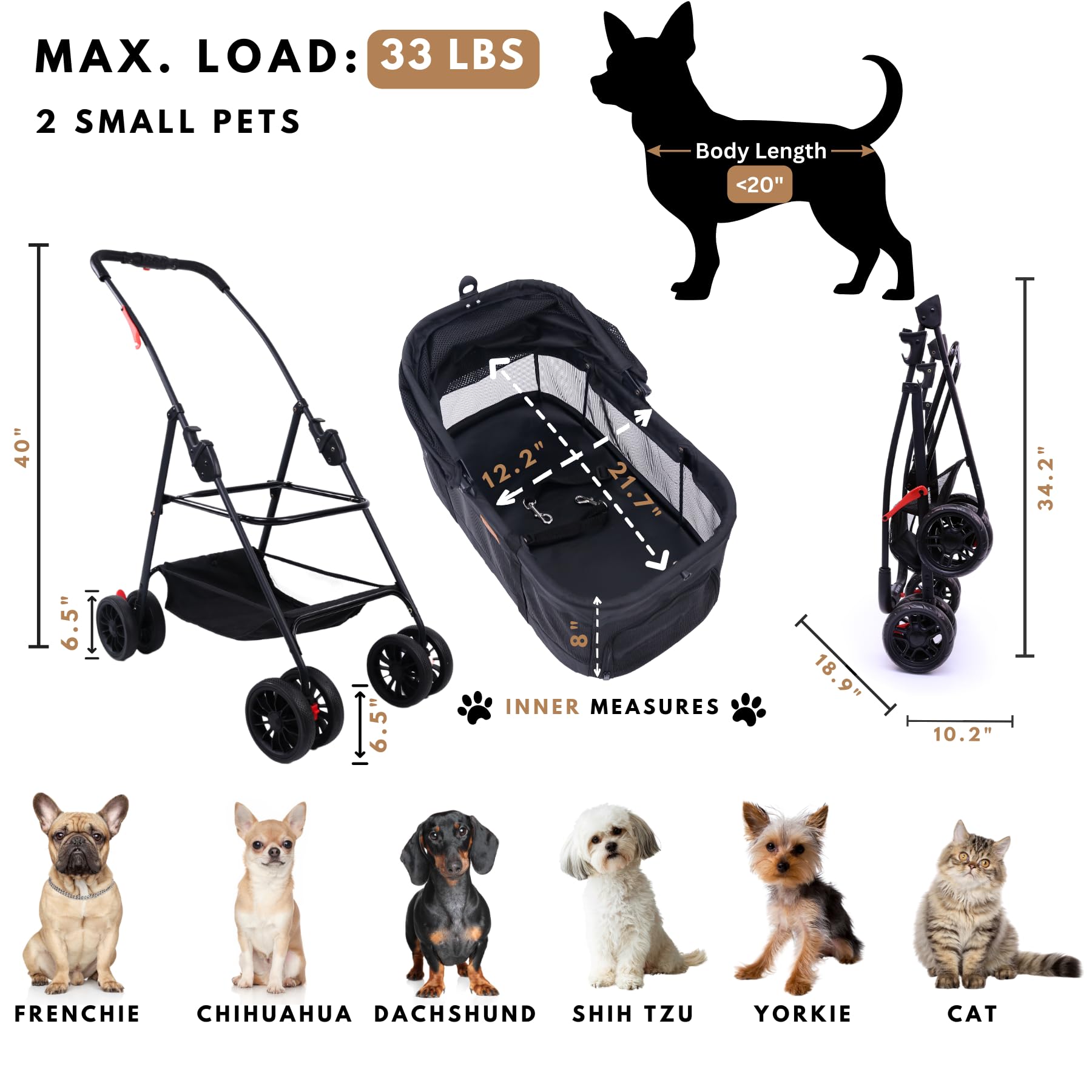 Premium Pet Stroller for Small Dogs & Cats - 3-in-1 Convertible Carrier with Detachable Seat, 33 lbs Capacity, Foldable & Portable Design - Perfect for Travel, Vet Visits, and Outdoor Adventures