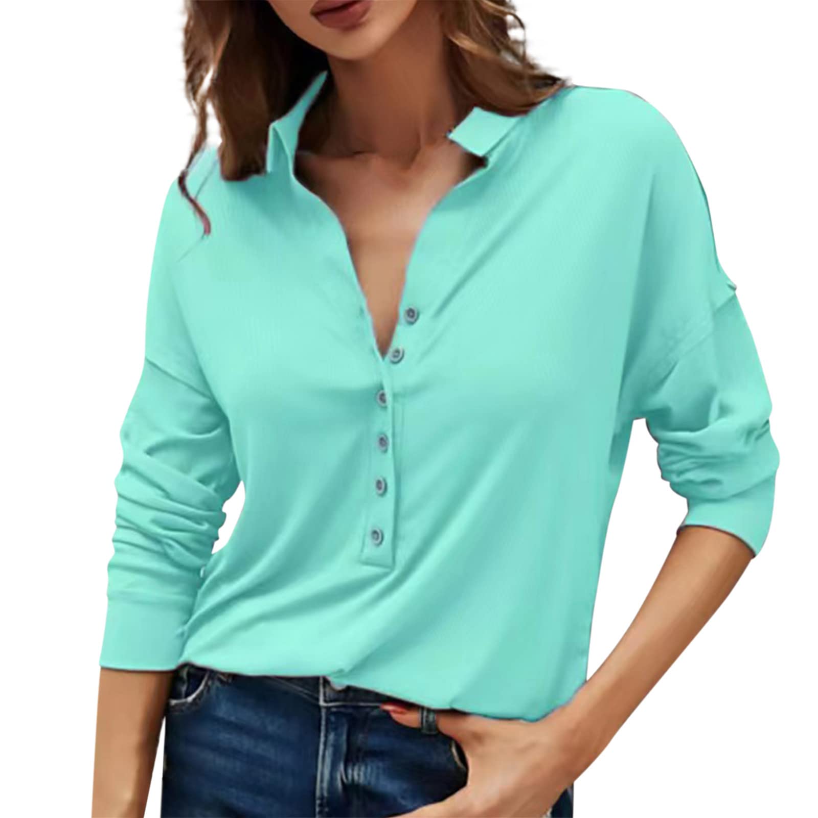 Women's Long Sleeve Blouse with Lapel & Button Down - Elastic Cuffs & Trumpet Sleeve Casual Tops for Work, Office, and Everyday Wear