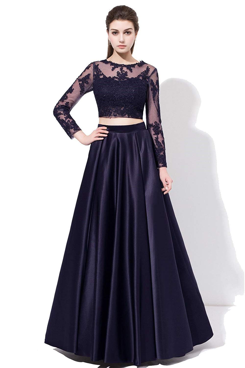 Elegant Women's Long Sleeve Prom Dresses - 2 Piece Lace & Satin Formal Evening Gowns for Homecoming, Wedding, and Special Occasions