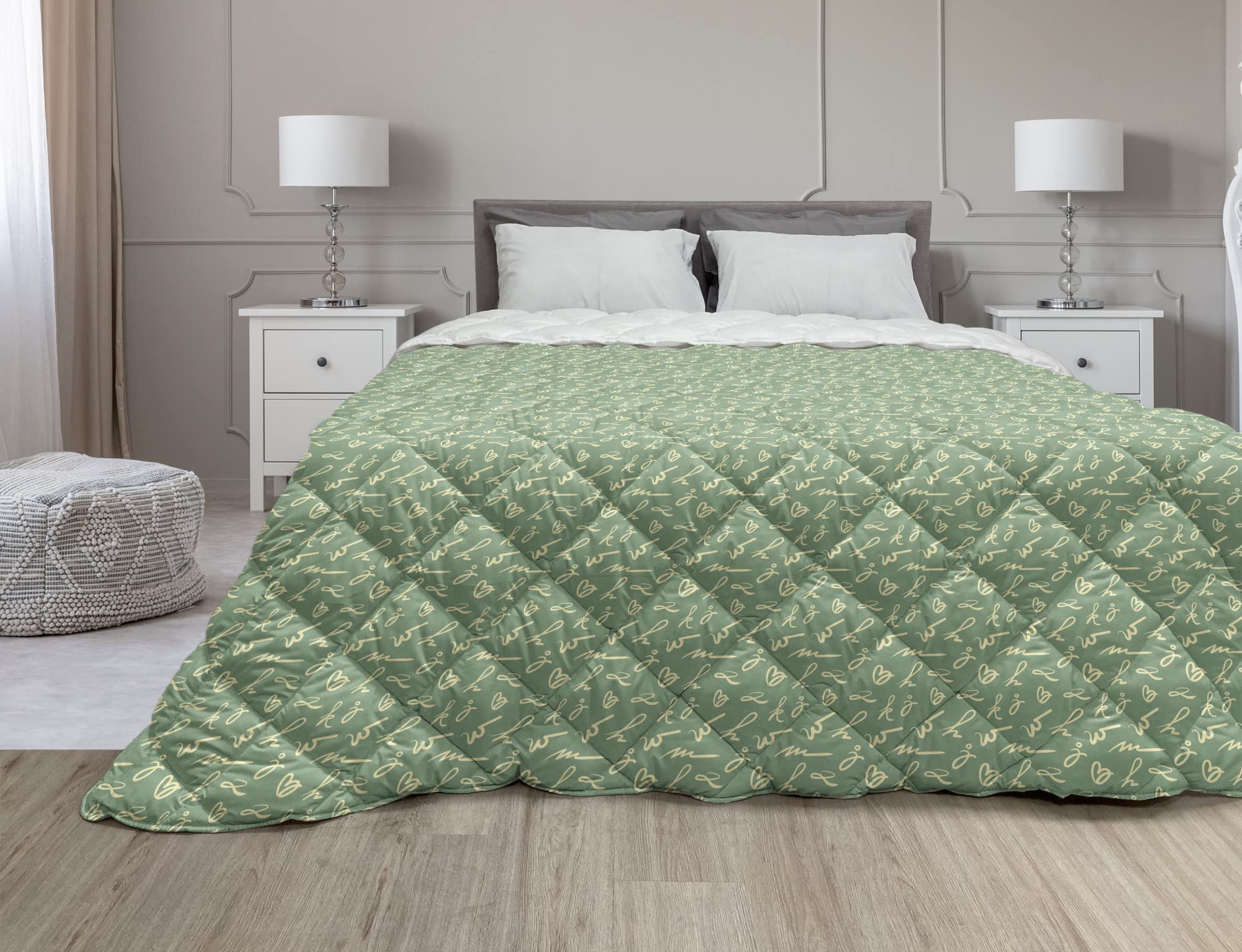 Ambesonne Oriental Green Down Alternative Comforter - Vintage Calligraphic Alphabet Design Microfiber All-Season Quilt - Twin Size Pale Yellow - Perfect for Bedroom Decor & Guest Room Comfort