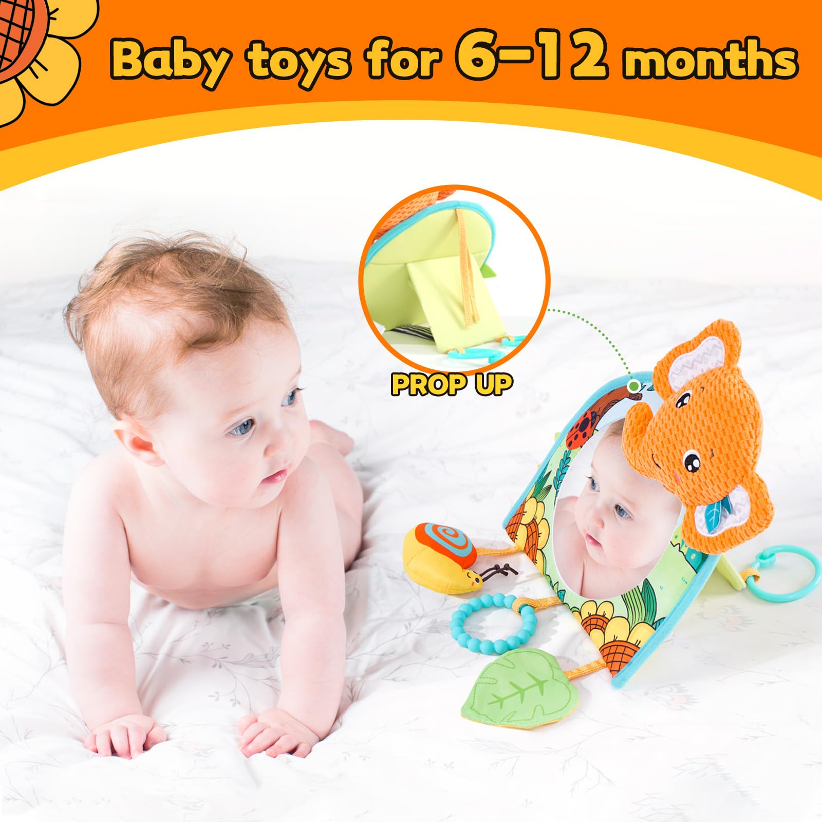 Baby Car Seat Toys - Mirror, Teether & Crinkle Paper for Travel & Tummy Time
