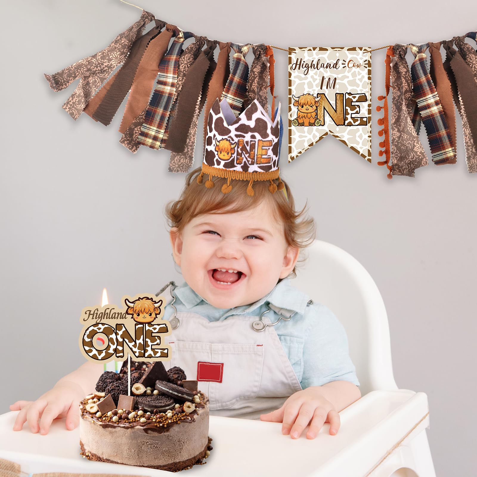 3 Pcs Highland Cow Birthday Decorations Set - High Chair Banner, Cowboy Hat Cake Topper & First Rodeo Banner for Western Themed 1st Birthday Party Supplies | Perfect for Baby Boy/Girl Cowboy Party Decor