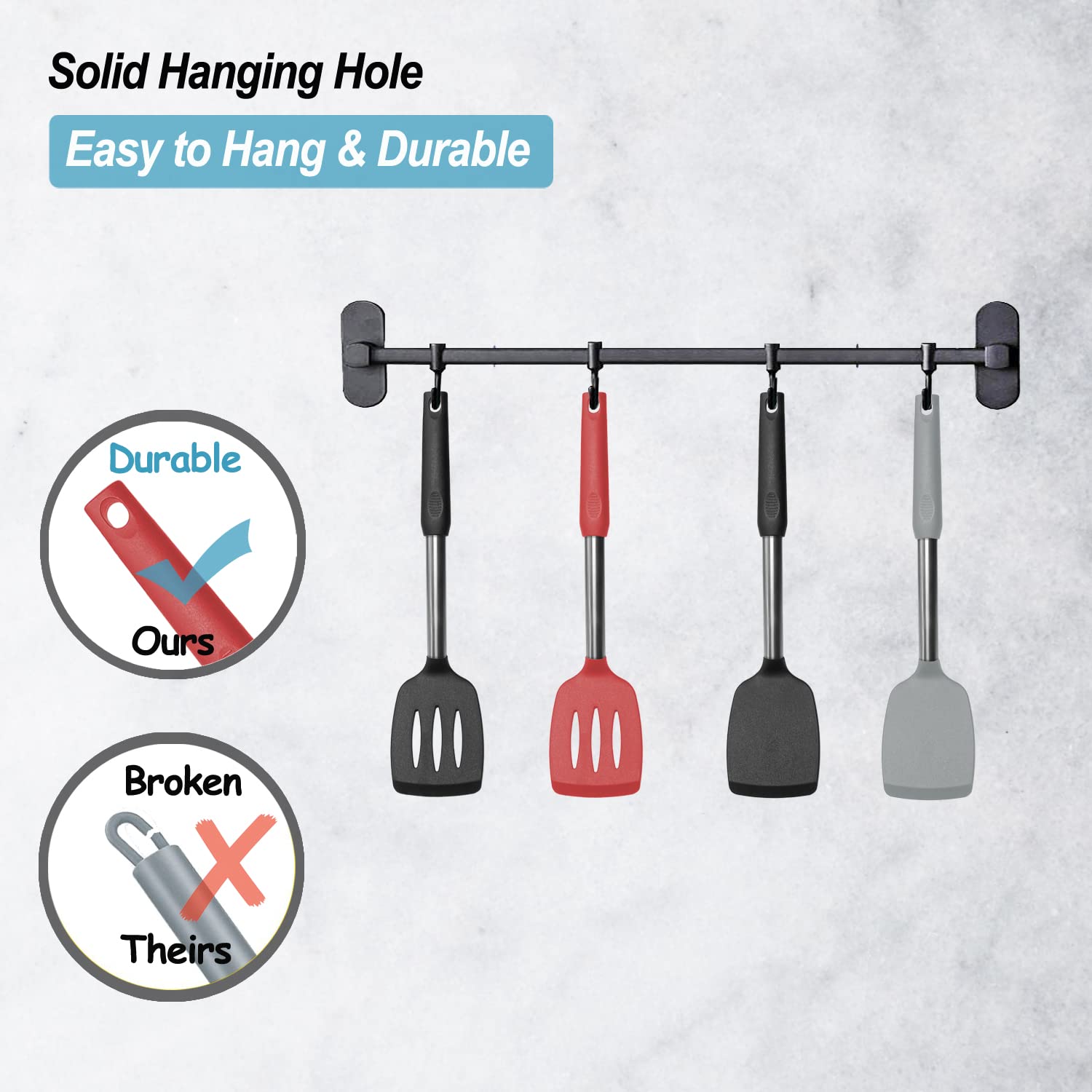 2-Pack Silicone Spatula Set - Solid & Slotted Stainless Steel Handle Non-Stick Turner - Heat Resistant Rubber Spatulas for Cooking, Baking, Flipping Fish, Eggs & Pancakes - Perfect for Woks, Frying Pans & Kitchen Utensils