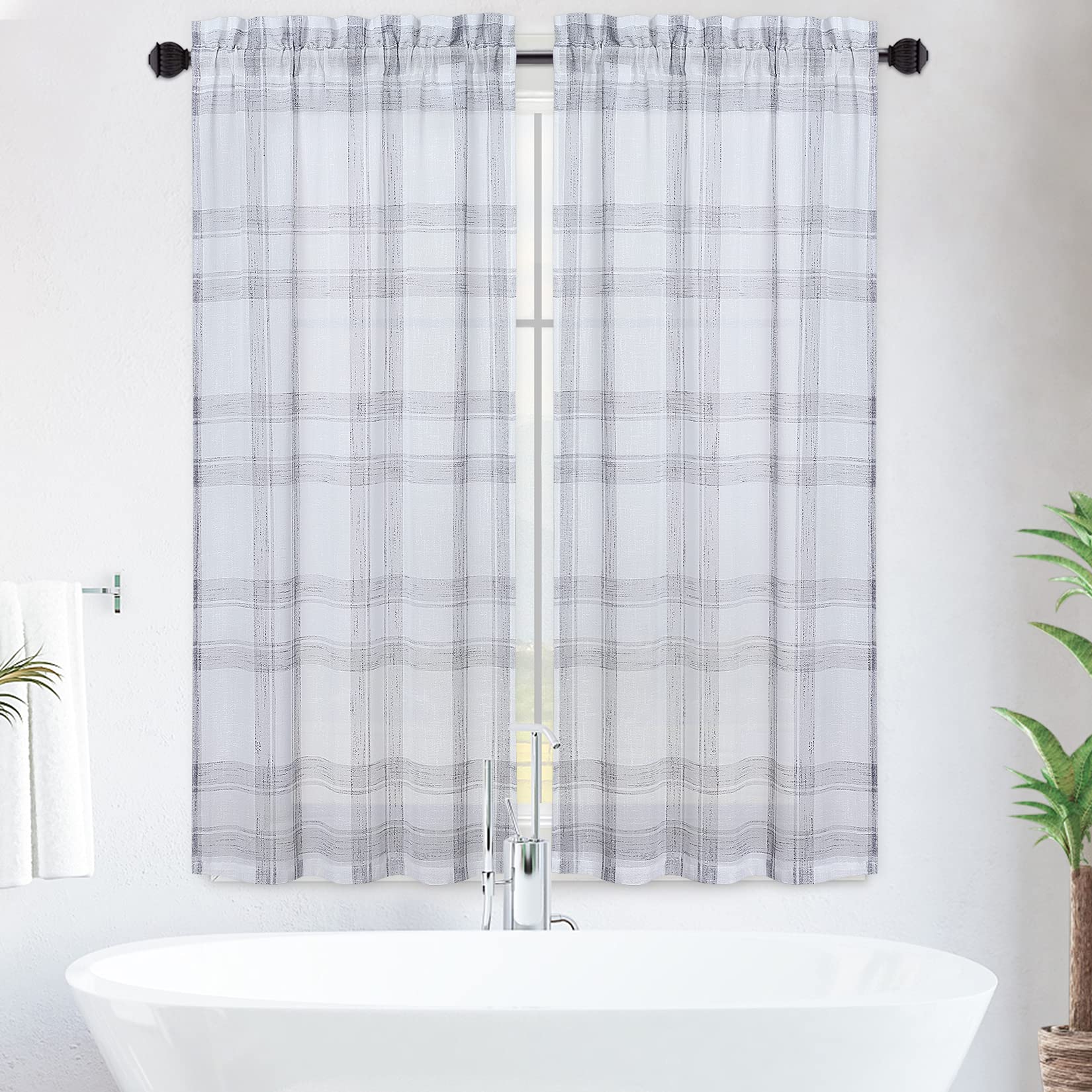 CAROMIO 45 Inch Kitchen Curtains - Buffalo Plaid Linen Look Semi-Sheer Cafe Curtains for Windows, Set of 2 Panels, Grey - Perfect for Kitchen, Bathroom, and Dining Room Decor