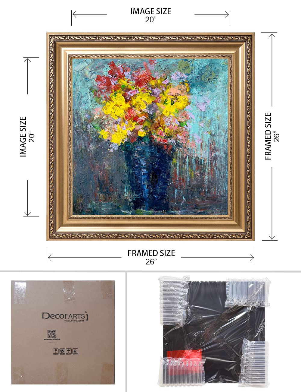DECORARTS - After The Rain by David Ma - Floral Abstract Wall Art Print - Giclee on Canvas in Classic Golden Frame (26x26 Inches) - Ready to Hang - Perfect for Living Room, Bedroom & Office Decor