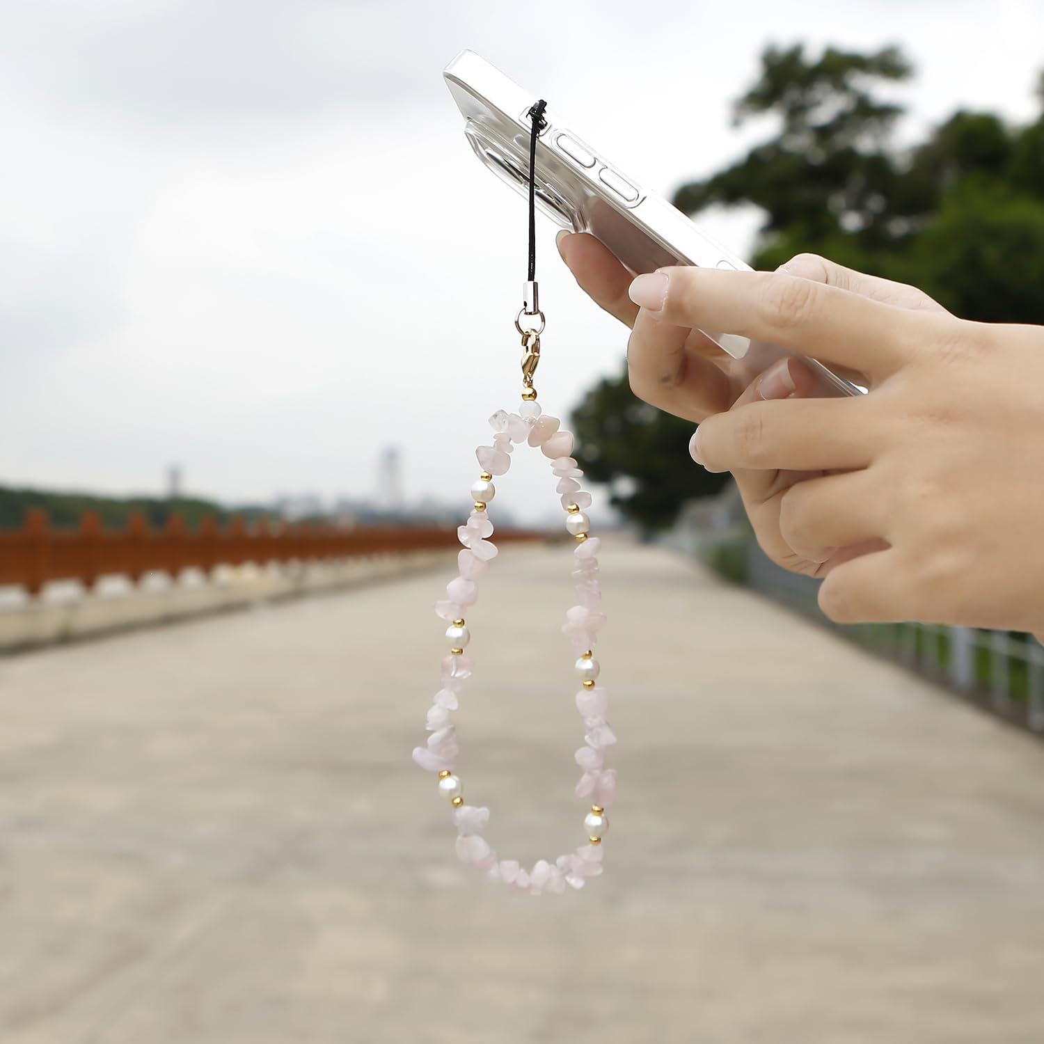Natural Gemstone Beaded Phone Wrist Strap - Adjustable Phone Lanyard with Charms for Women & Girls (Pink) | Stylish Phone Accessory for Everyday Use, Shopping & Travel