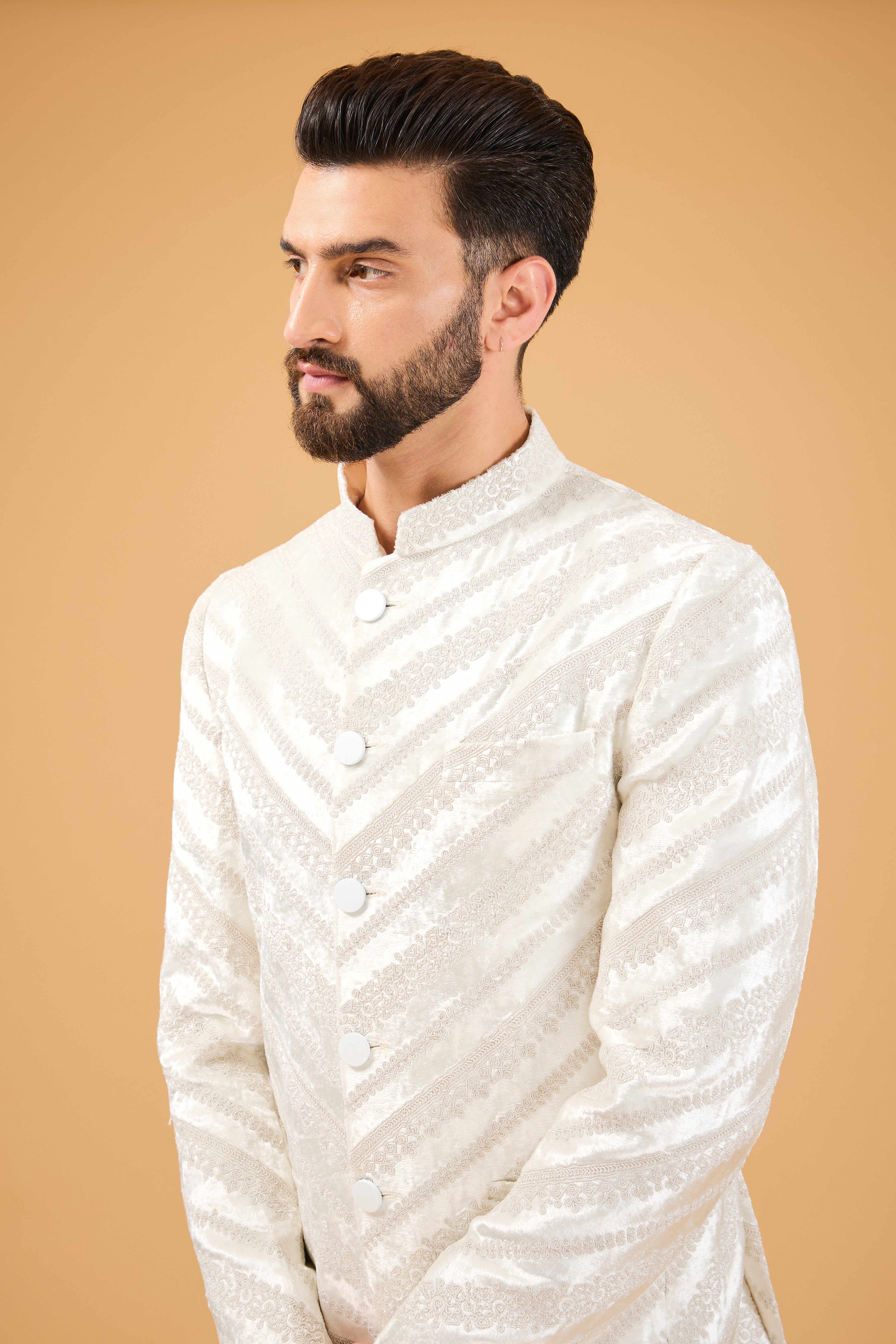 Elegant Ivory Bandhgala Jacket with Intricate Dori Embroidery on Velvet Fabric | Perfect for Weddings & Festive Occasions