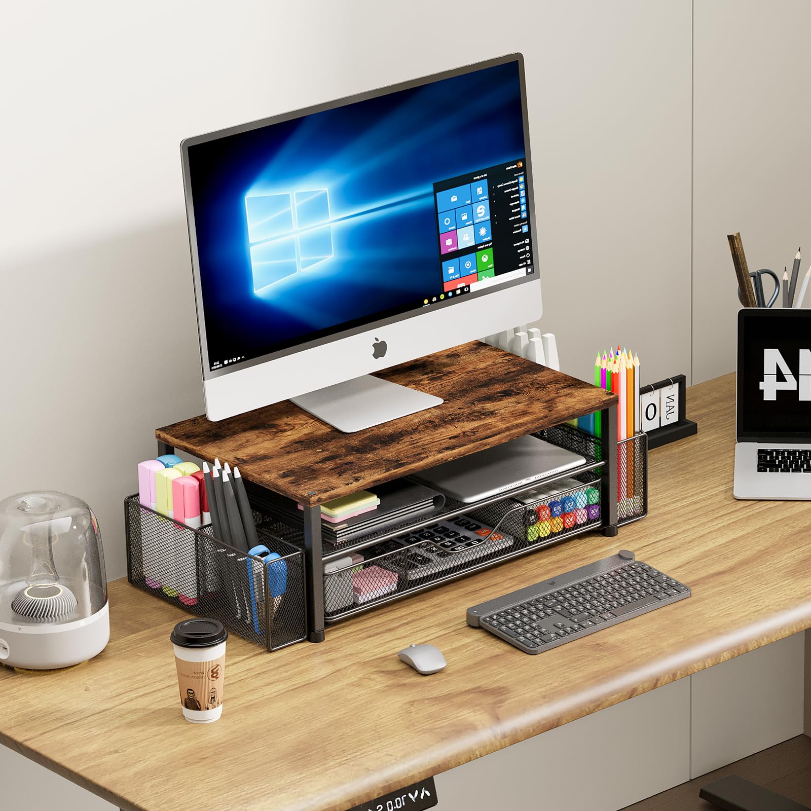 2-Tier Wooden Monitor Stand with Drawer & Pen Holders - Desk Organizer for Computer Accessories | Office Workspace Storage Solution for Supplies, Papers & Stationery | Perfect for Home Office & Workspace Organization