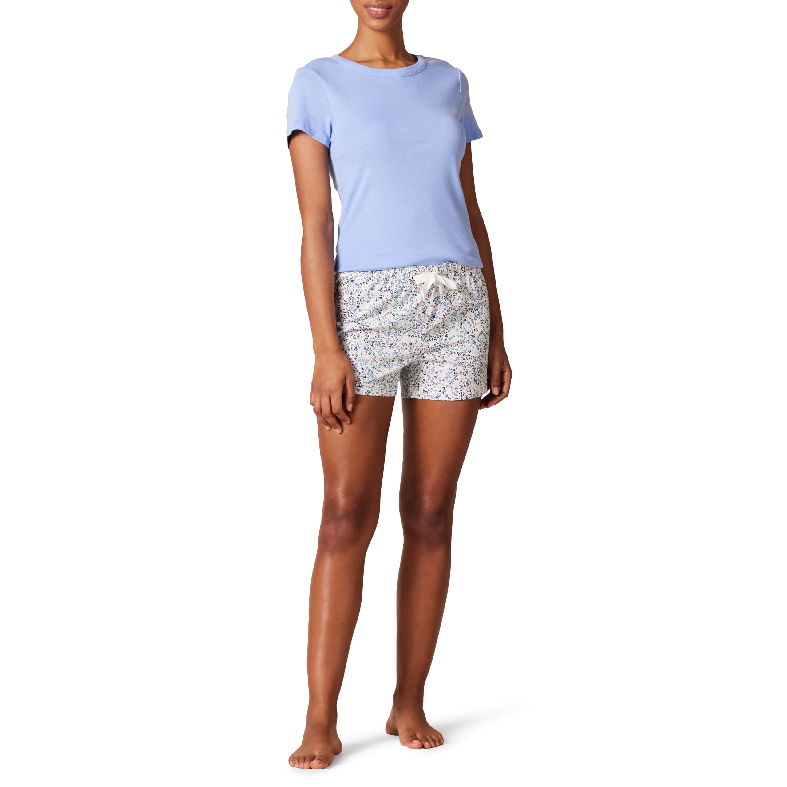 Amazon Essentials Women's Poplin Short Sleeve Sleep Tee Set - Soft Cotton Pajama Top & Shorts Comfy Lounge Wear for Sleep, Relaxing at Home & Vacation