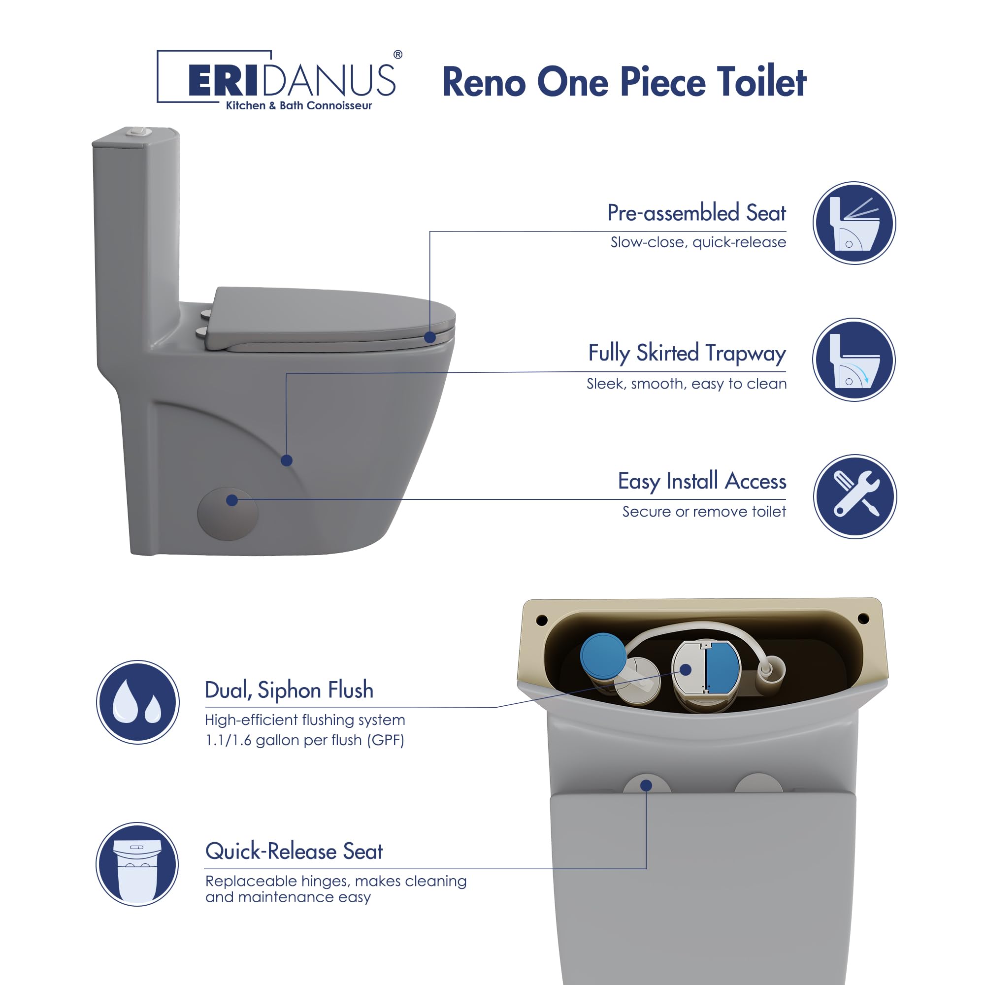 Eridanus Elongated One Piece Toilet - Powerful Siphon Dual Flush 1.1/1.6 GPF, 12