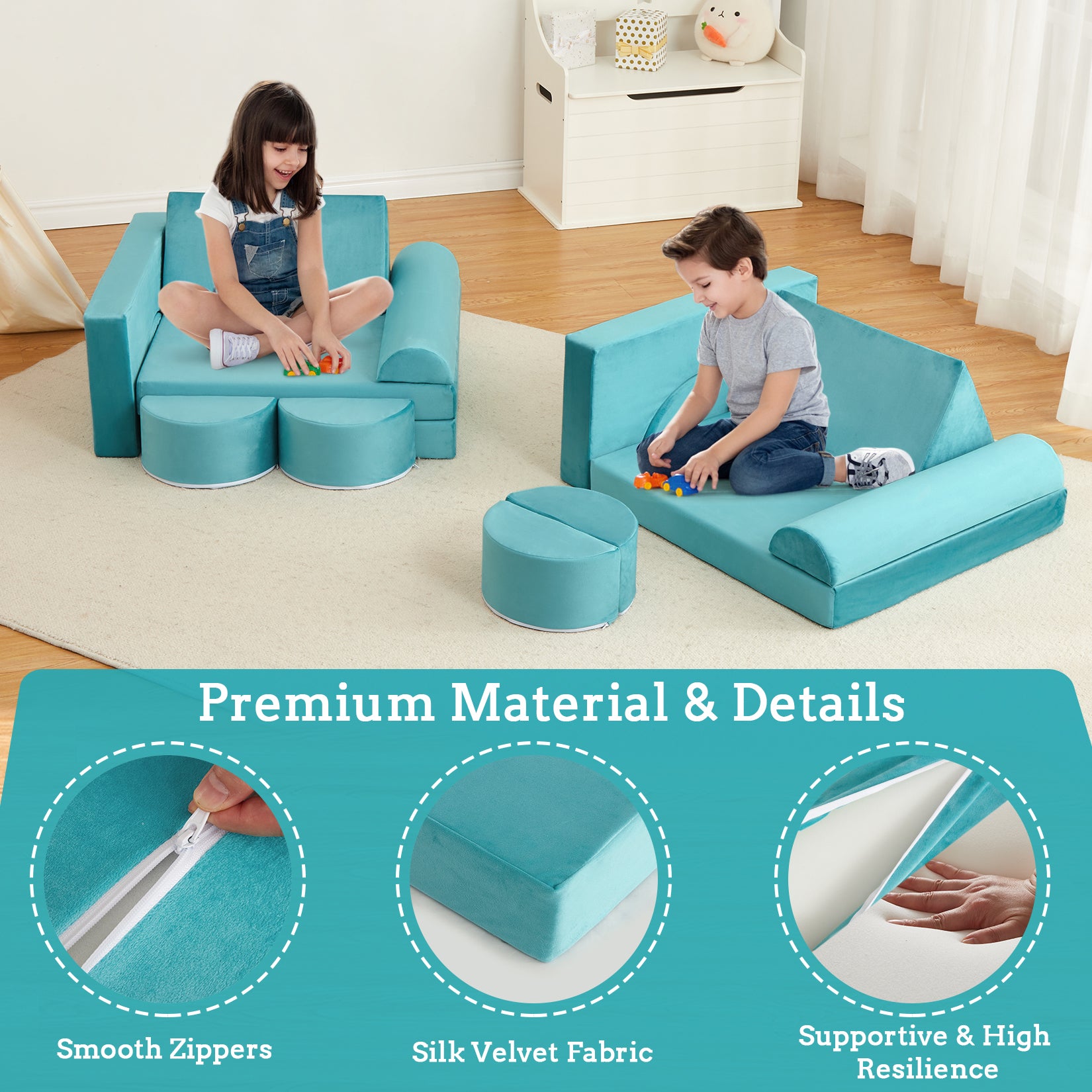 GARVEE 15Pcs Modular Kids Play Couch - Convertible Foam Sofa for Toddlers & Children | Creative Playroom Furniture for Boys & Girls in Teal | Perfect for Indoor Play, Reading Nook & Imaginative Playtime
