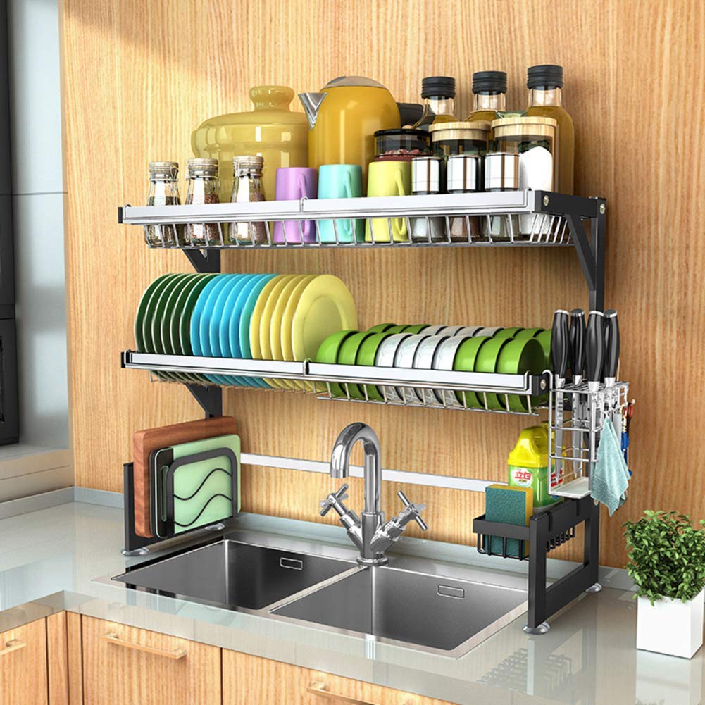 Stainless Steel 2-Tier Over Sink Dish Drying Rack with Utensil Holder - 32 Inch Kitchen Counter Organizer for Dishes, Cups & Cutlery | Space-Saving Kitchen Storage Solution for Small Spaces