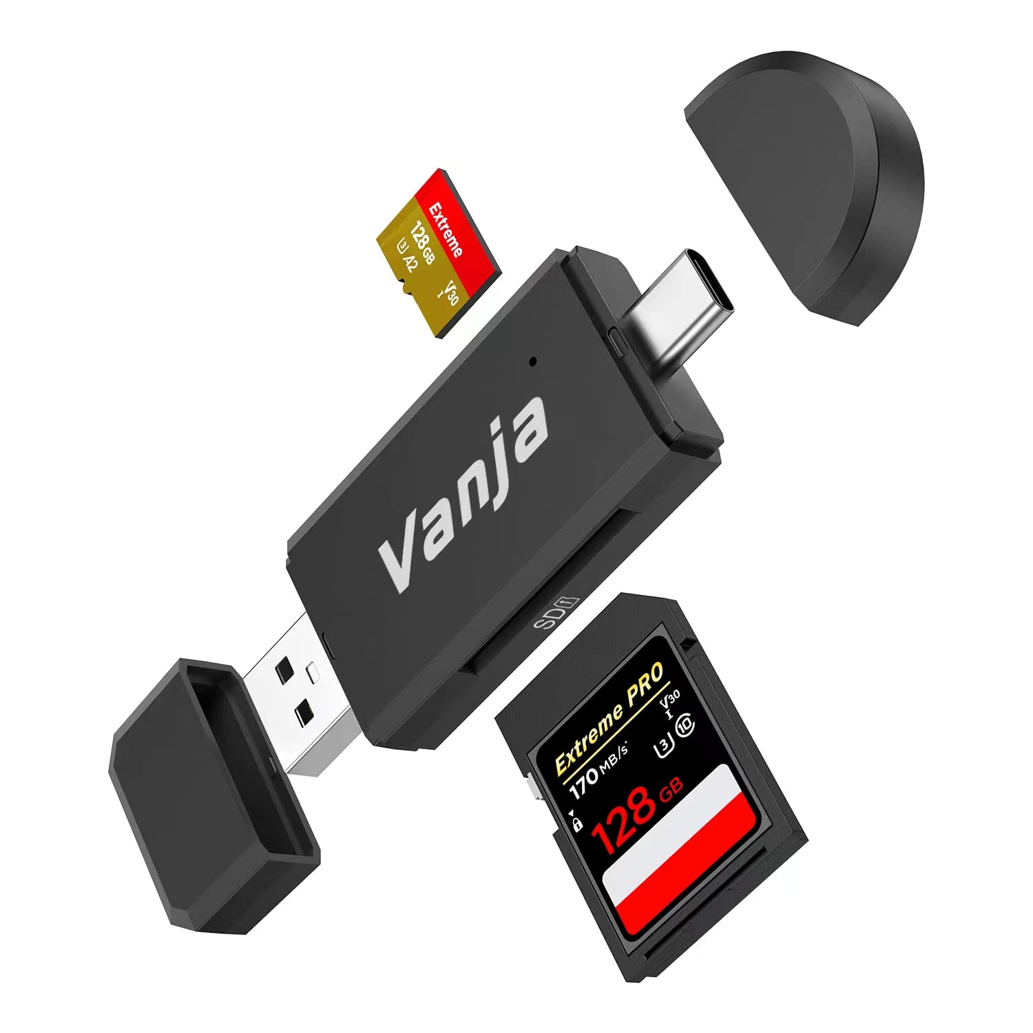 Vanja Dual USB-C & USB 3.0 Memory Card Reader - SD/Micro SD/SDHC/SDXC/MMC Compatible - Works with MacBook Pro/Air, iPad Pro, Galaxy S24/S23 - Perfect for Photo Transfer, Data Backup & Mobile Device Expansion