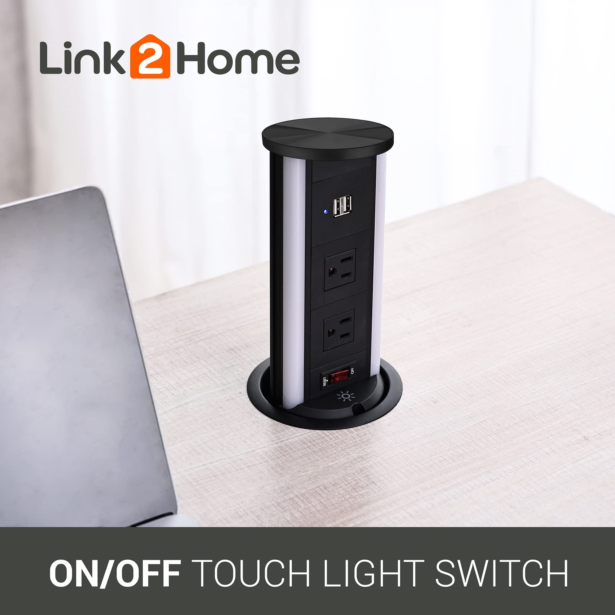 Link2Home Automatic Pop Up 10W Wireless Charging Station with 2 Power Outlets (15A) & 2 USB Ports (3.4A) - Splash Resistant, Black Anodized Finish - Perfect for Kitchen Counter, Office Desk, Workshop & Home Use