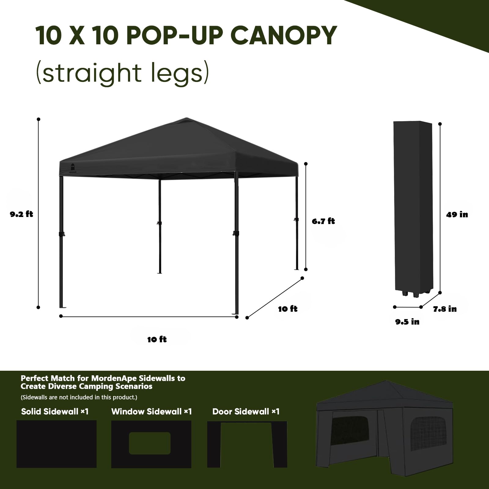 10x10 Pop Up Canopy Tent - Upgraded One-Push Straight Leg Design for Outdoor Camping, Picnics, and Beach Events | Includes Wheeled Carry Case, 8 Spikes & 4 Ropes | Waterproof & UV Protection (Black, 10ft x 10ft) - Perfect for Backyard BBQs, Farmers Markets, and Tailgating Parties