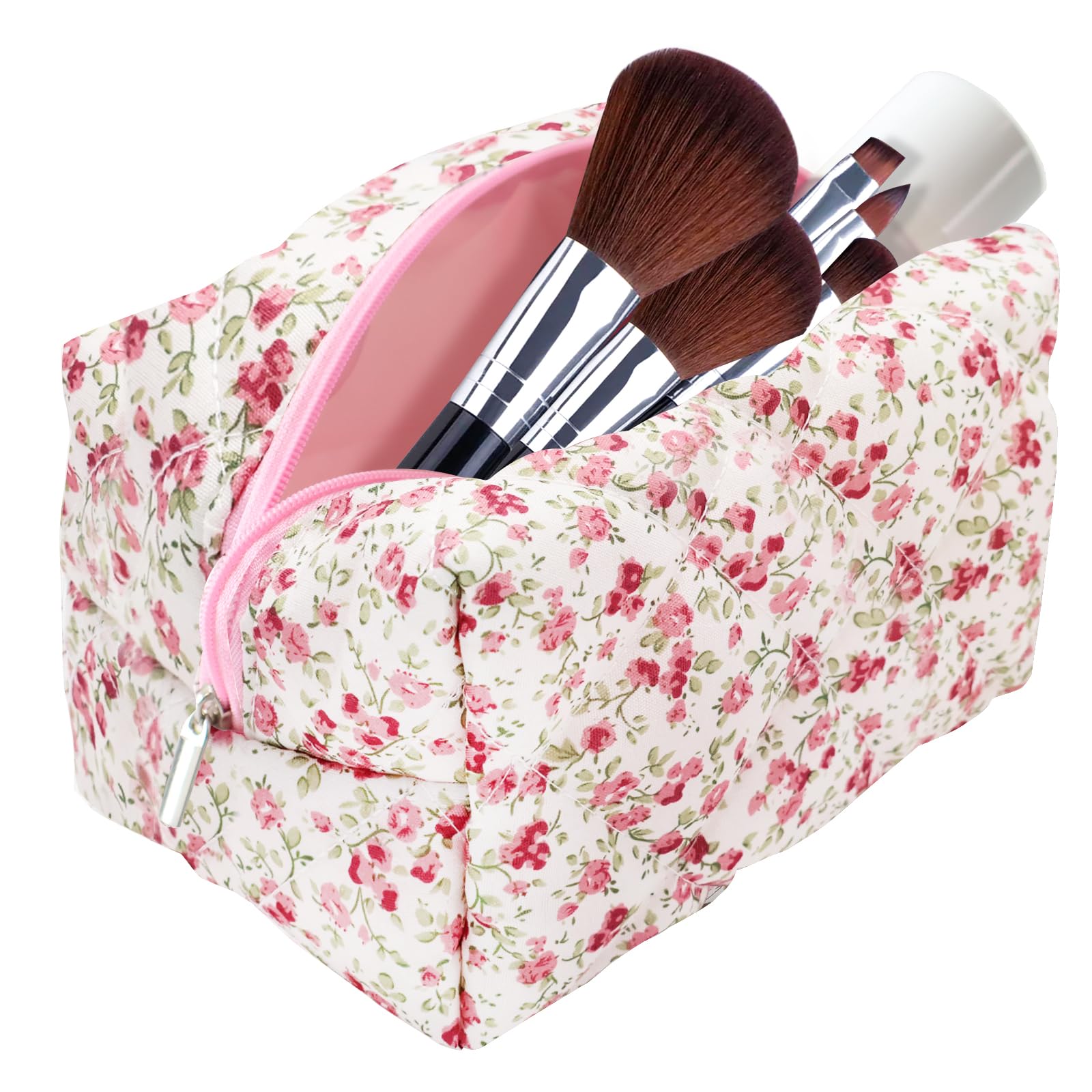 Quilted Cotton Makeup Bag for Women - Floral Cosmetic Pouch, Travel Toiletry Organizer with Zipper, Cute & Portable Storage (Red) | Perfect for Travel, Gym, and Everyday Use
