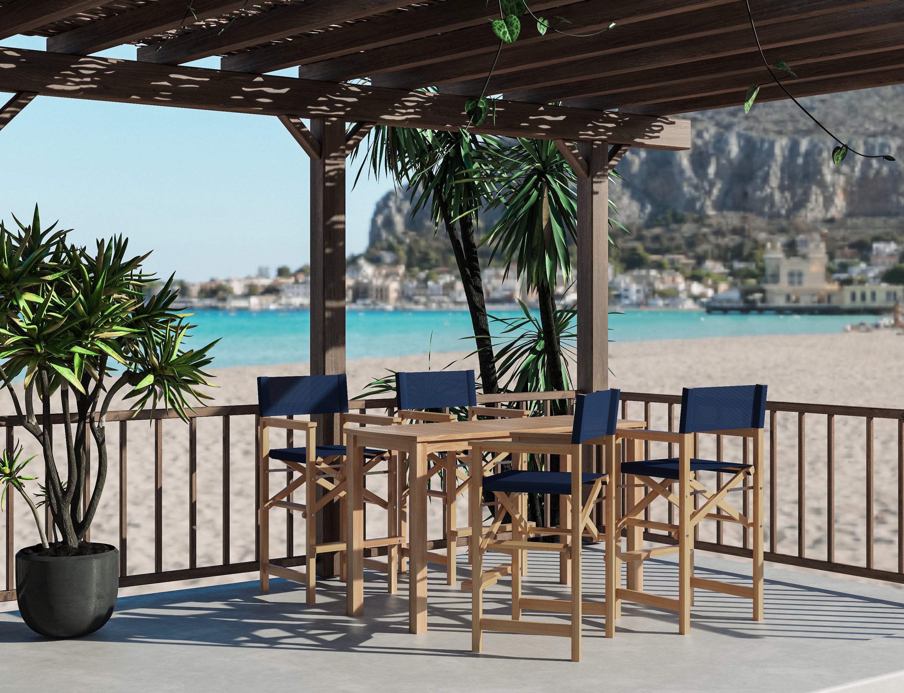 5-Piece Rectangular Teak Outdoor Counter Height Dining Set with Folding Armchairs - Blue Patio Furniture for Garden, Deck & Poolside Dining
