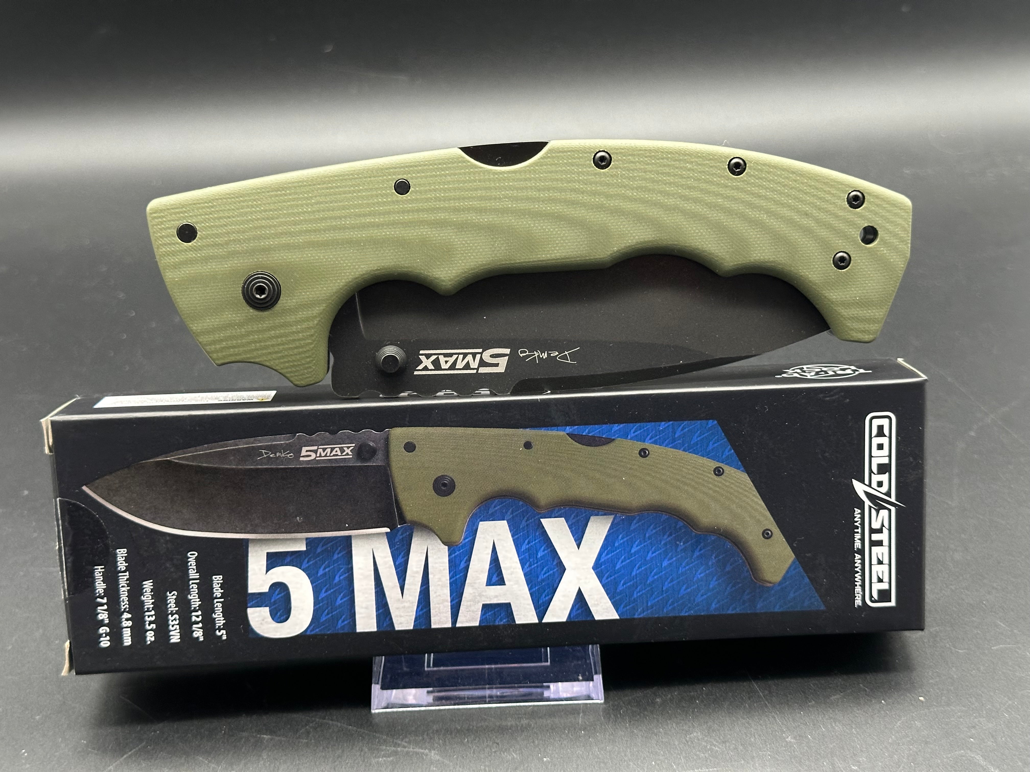 Cold Steel 5 Max Lockback Folding Knife - OD Green G10 Handle, S35VN Steel Plain Edge, Black Stonewash Finish - EDC, Outdoor, Camping, Survival, Tactical Use