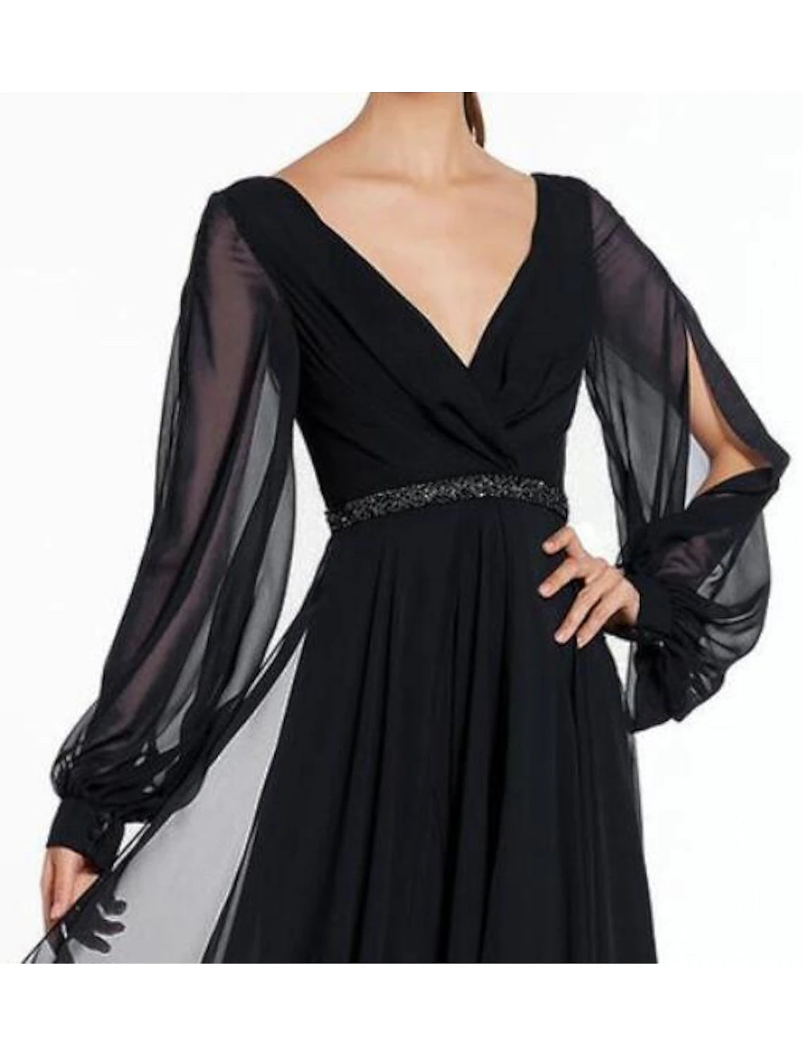 Elegant A-Line Evening Gown with V-Neck & Beading - Long Sleeve Empire Waist Chiffon Dress for Holiday Parties & Formal Events - Perfect for Prom, Wedding Guest & Black Tie Occasions