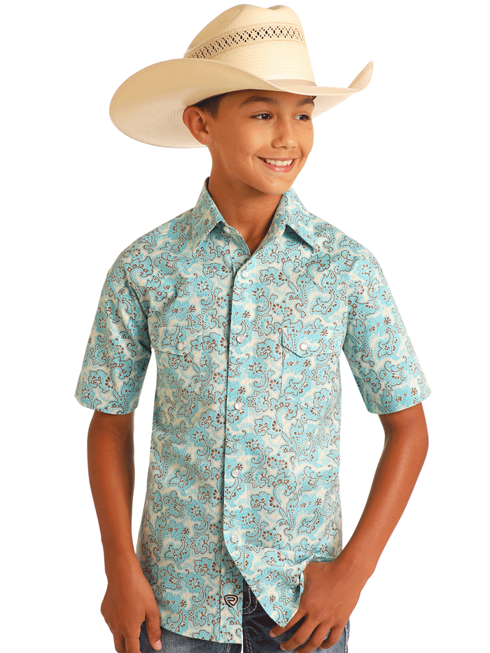 Rock & Roll Denim Kids Western Shirt - Short Sleeve Paisley Print Turquoise Top for Boys & Girls | Perfect for Country Concerts, Rodeos & Western-Themed Parties