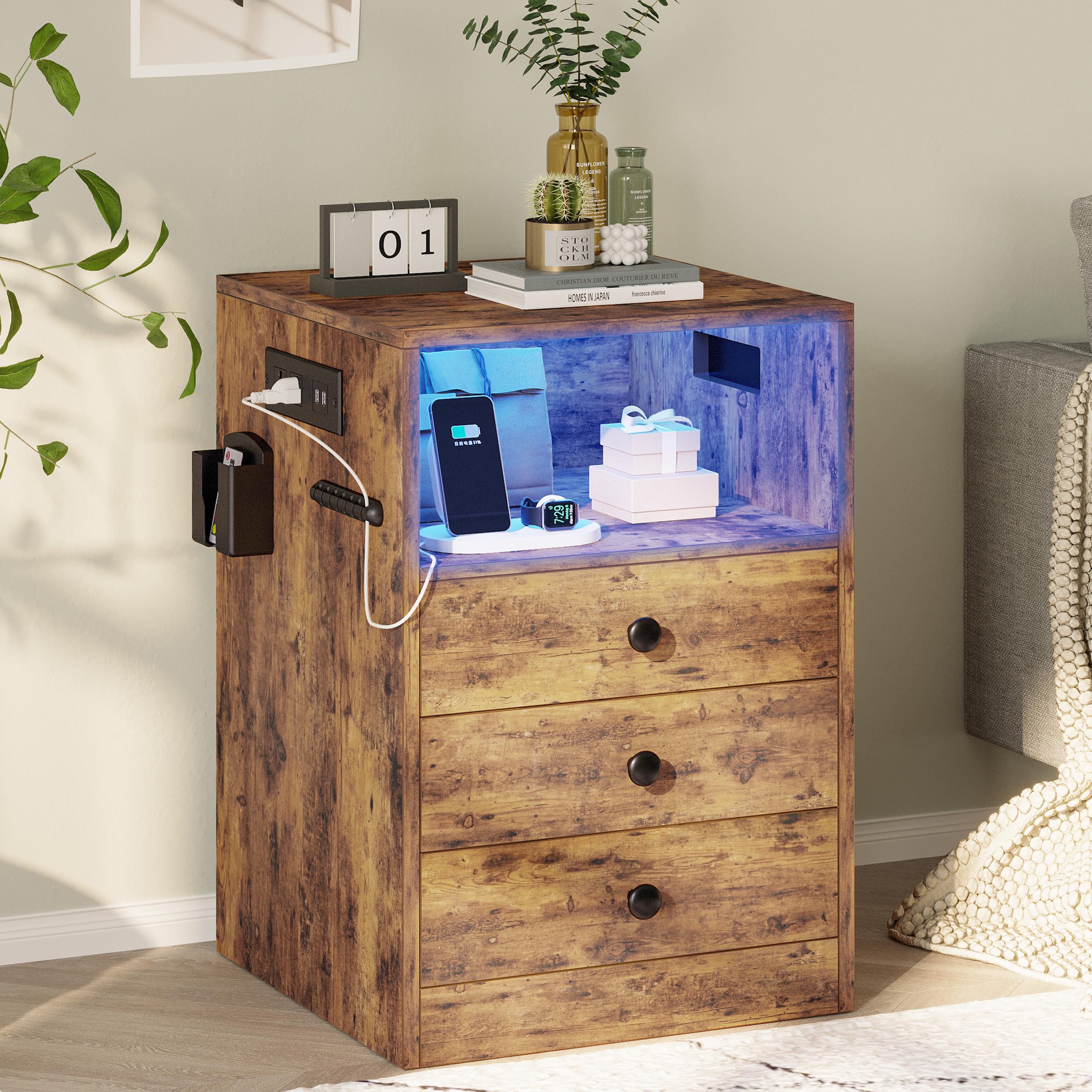 LIKIMIO Vintage Brown Nightstand with Charging Station, 3 Drawers & LED Lights - Interchangeable Sockets & Hooks - Perfect for Bedroom, Living Room or Office Side Table