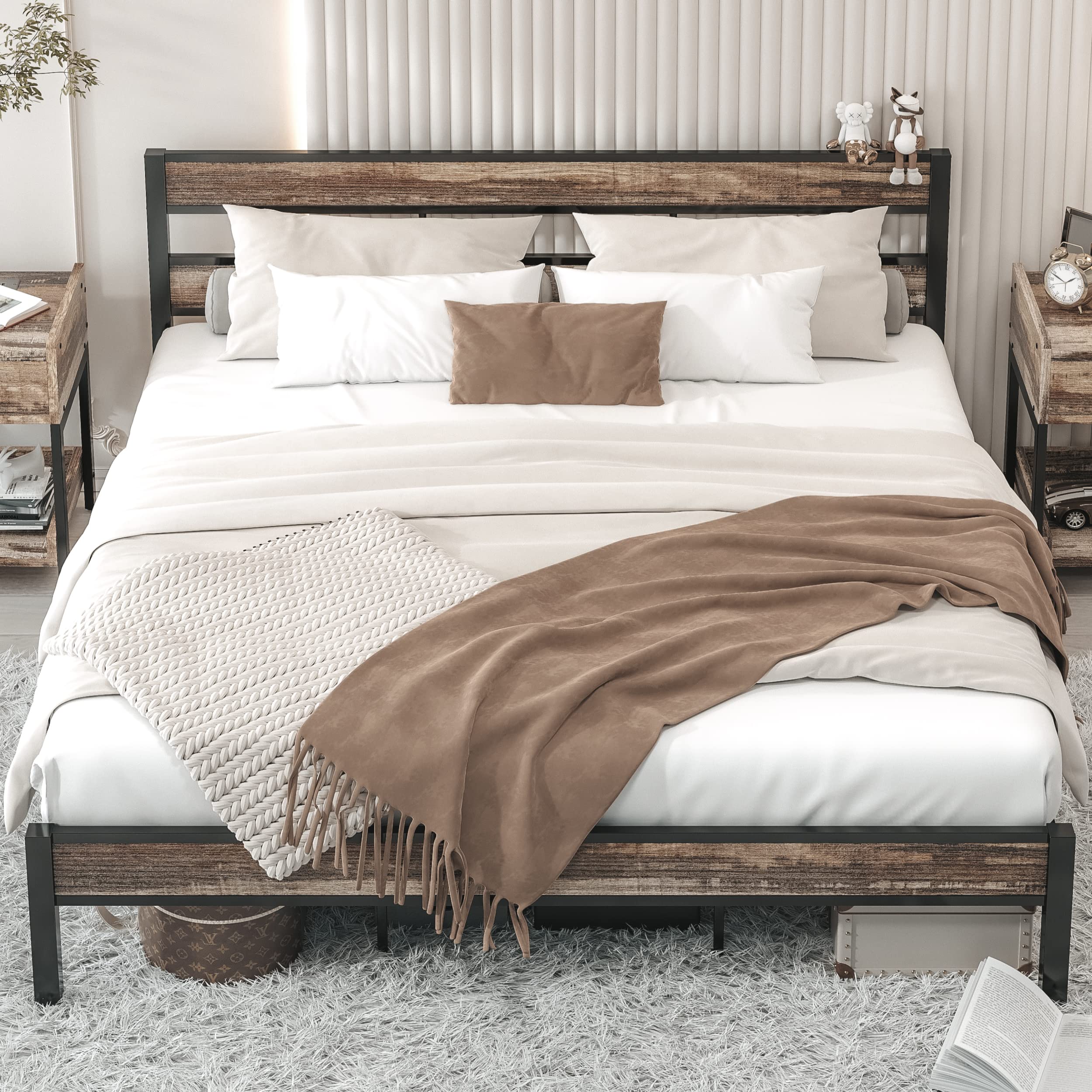 LIKIMIO California King Bed Frame with Headboard - Easy Assembly, Noise-Free Metal Platform Bed, Heavy Duty Support (No Box Spring Needed) - Rustic Brown Finish for Master Bedroom & Guest Room