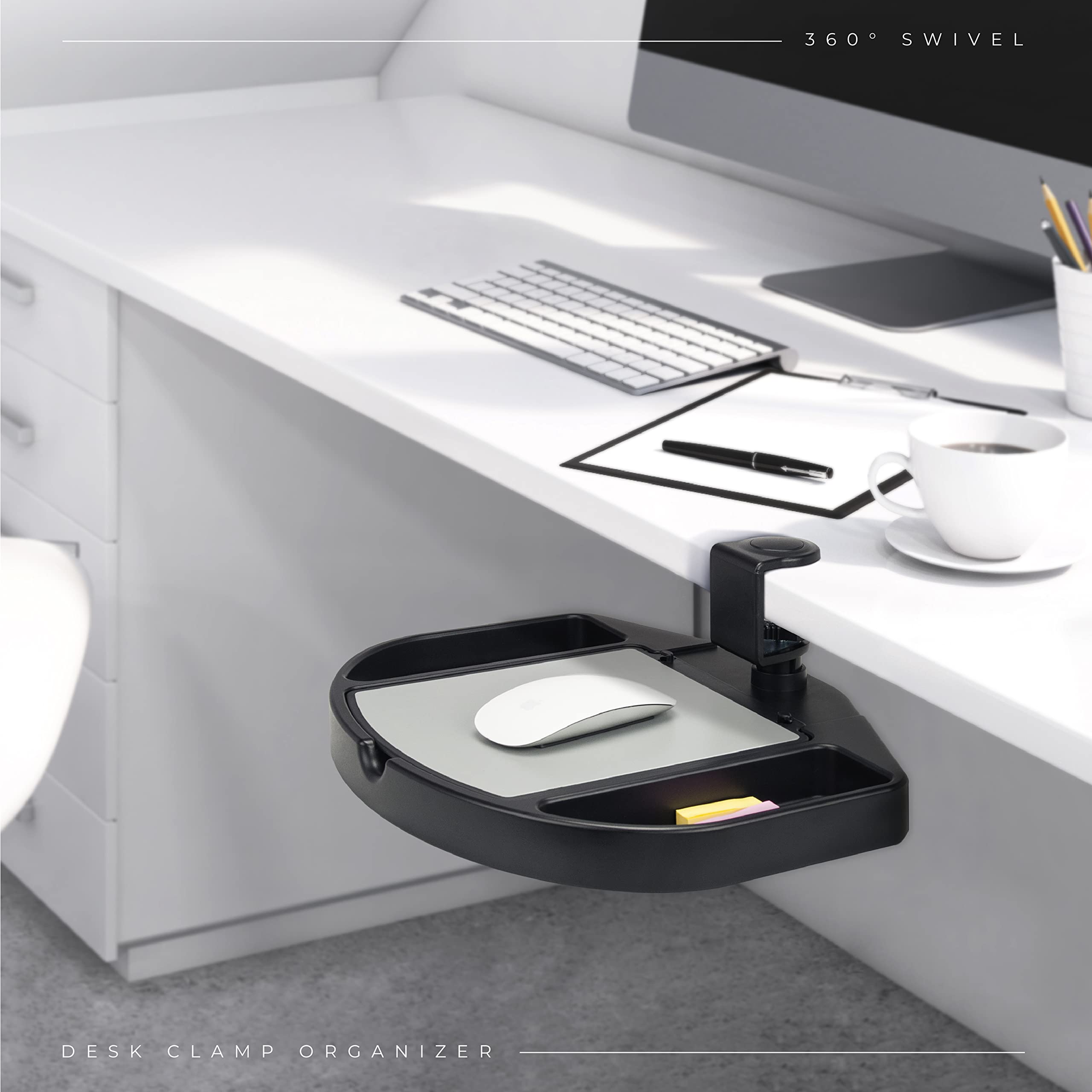 EHO Clamp-On Desk Organizer - Multifunctional Under Desk Storage with Pencil Holder, Mouse Pad & Swivel Design | Spill-Proof & Easy Installation | Reduce Clutter for Home Office & Workspace | TAA-Compliant