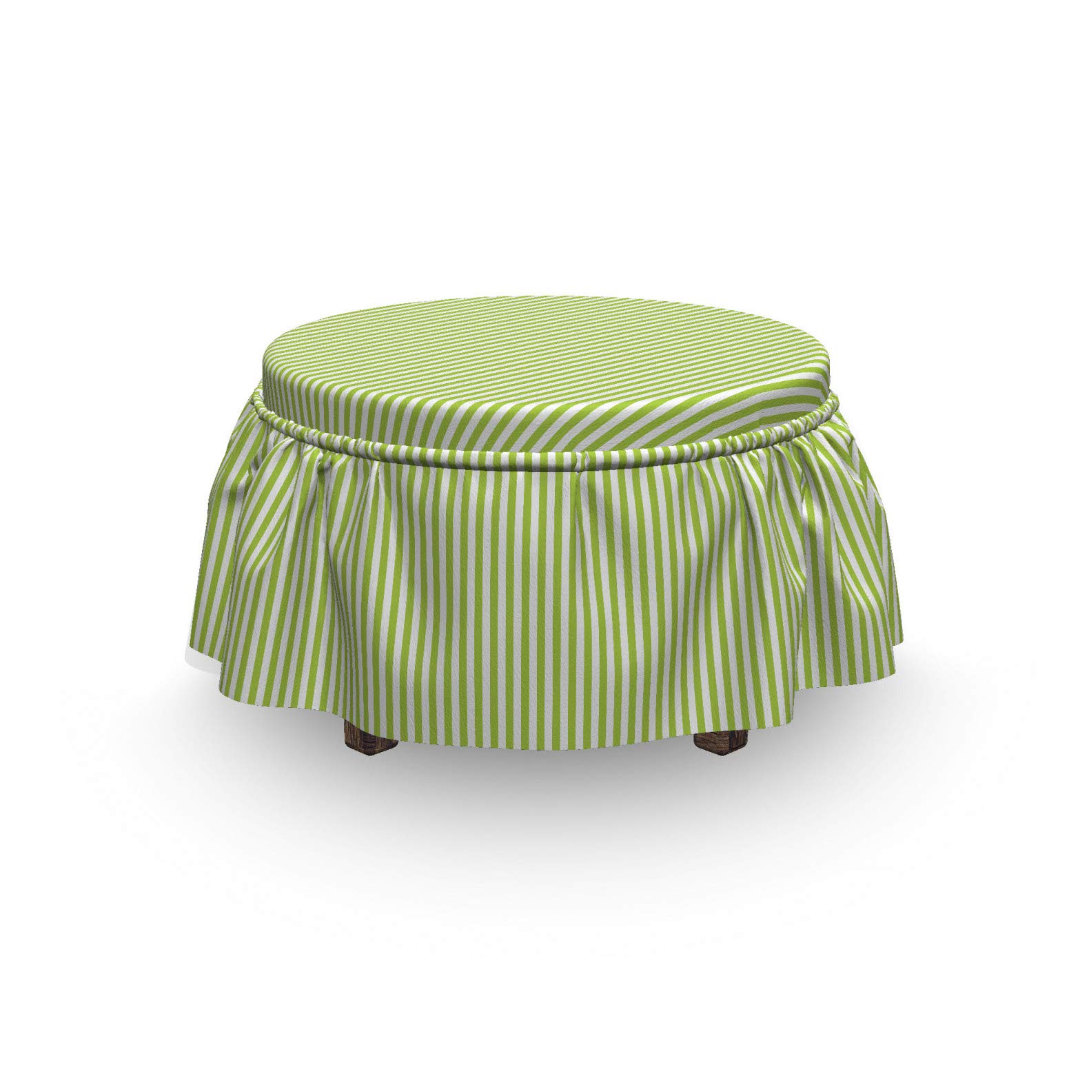 Ambesonne Striped Ottoman Cover Set - 2 Piece Slipcover with Ruffle Skirt for Square/Round Footstools | Retro Vertical Line Design in Apple Green & White | Home Decor Accent for Living Room, Bedroom & Office
