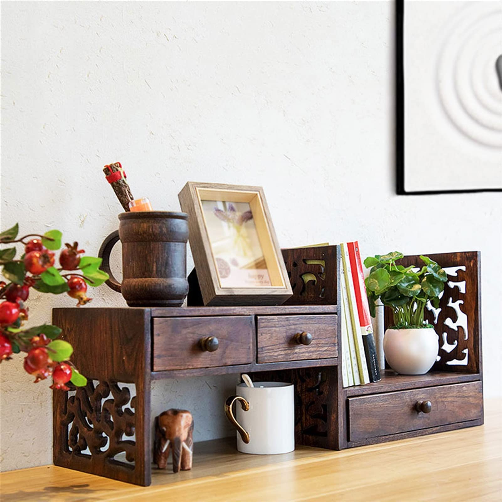 TOMYEUS Creative Retro Small Bookshelf - Adjustable Desktop Bookcase with Drawers, Brown Wooden Storage Cabinet for Home Office, Bedroom & Living Room
