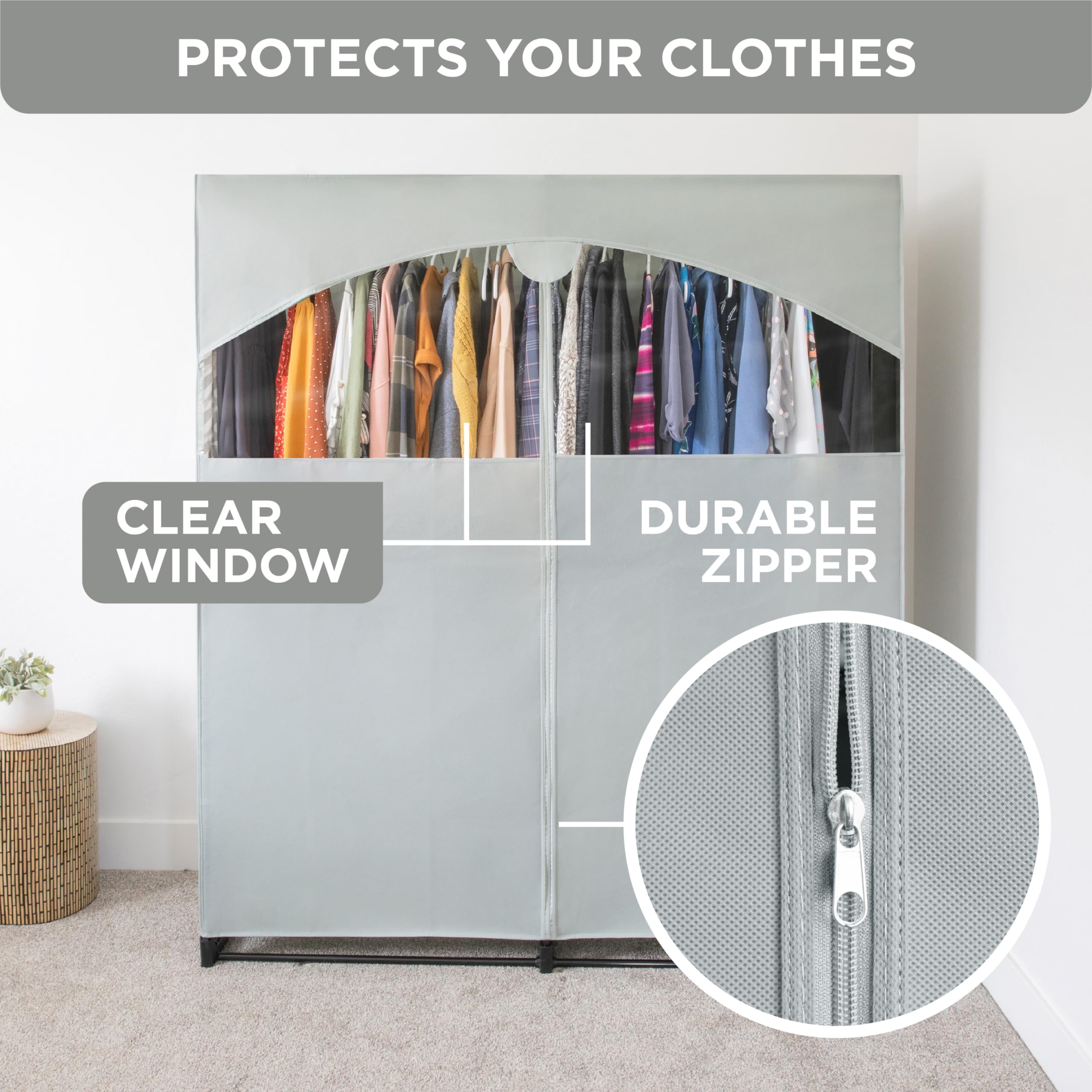 Premium Heavy Duty Portable Wardrobe Closet with Metal Hanging Rod & Gray Cover - 50 LB Capacity - Easy No-Tool Assembly for Home, Dorm, Travel & Camping Storage Solutions