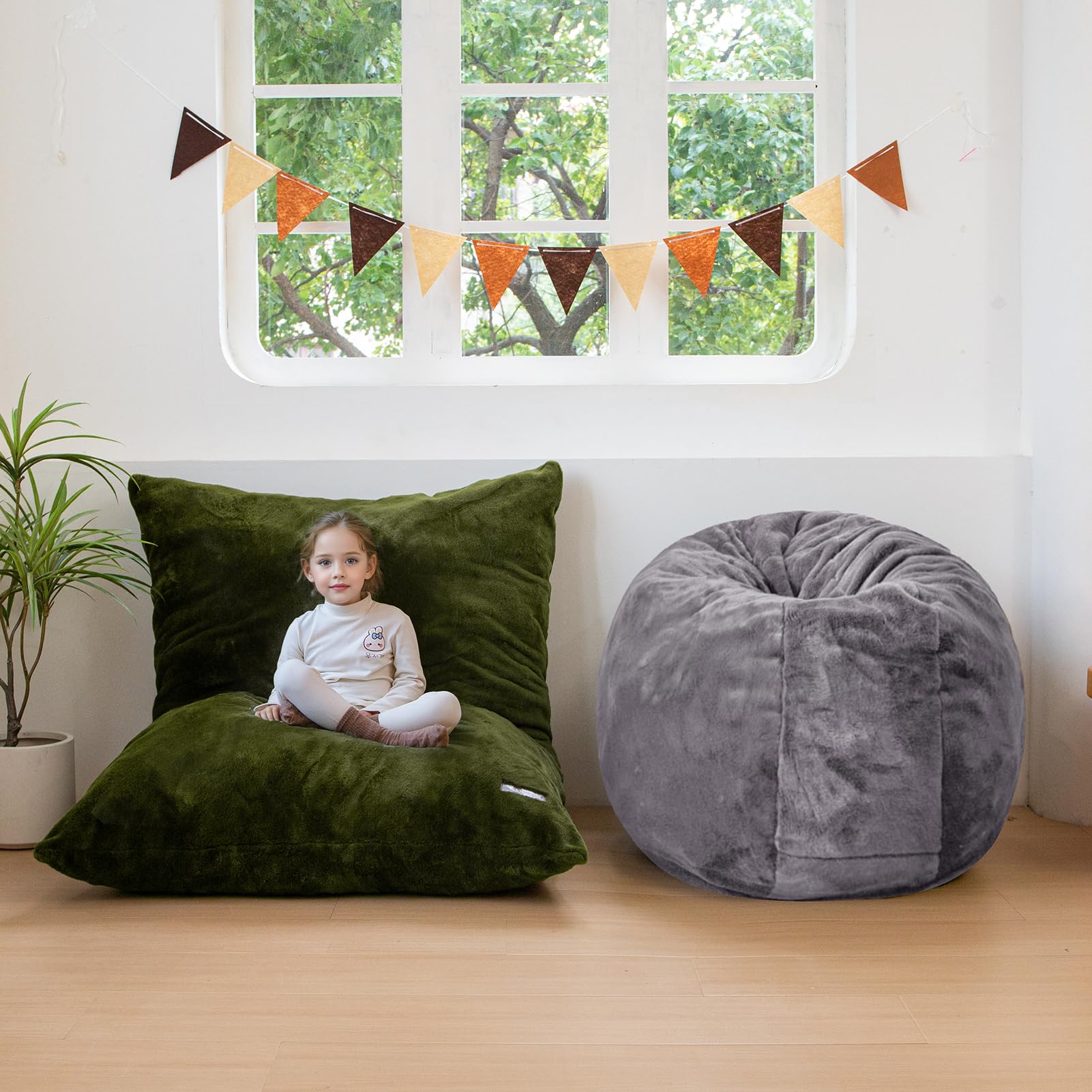 MAXYOYO 3-in-1 Kids Bean Bag Chair Bed - Convertible Faux Fur Round Floor Sofa for Children's Room, Gaming & Reading Nook - Dark Grey - Perfect for Playrooms, Bedrooms & Cozy Corners