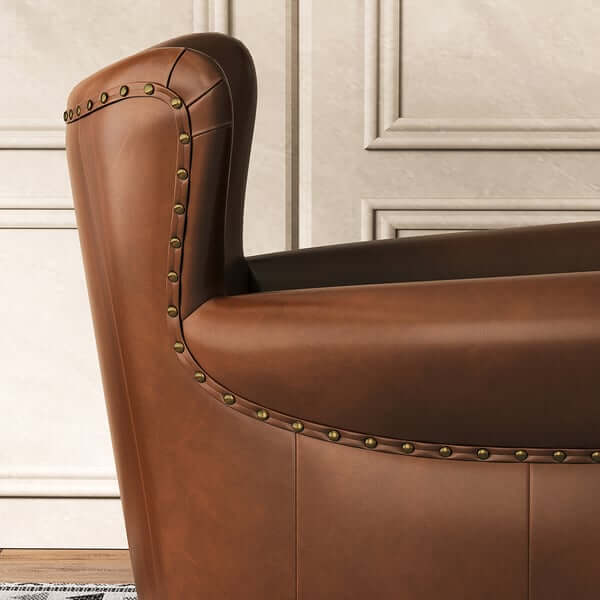 Midcentury Modern Brown Leather Accent Chair - Solid Wood Frame, Comfortable Upholstered Lounge Chair for Living Room, Bedroom, or Office Decor