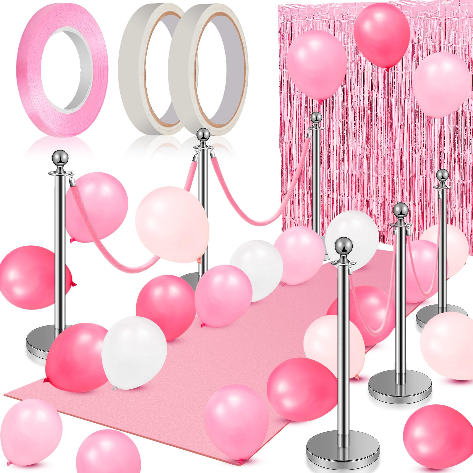 76-Piece Pink Party Carpet Runner Set with Floor Runner, Double-Sided Tape, Stanchion Posts, Velvet Ropes & Balloons - Wedding, Birthday, Red Carpet Event Decorations