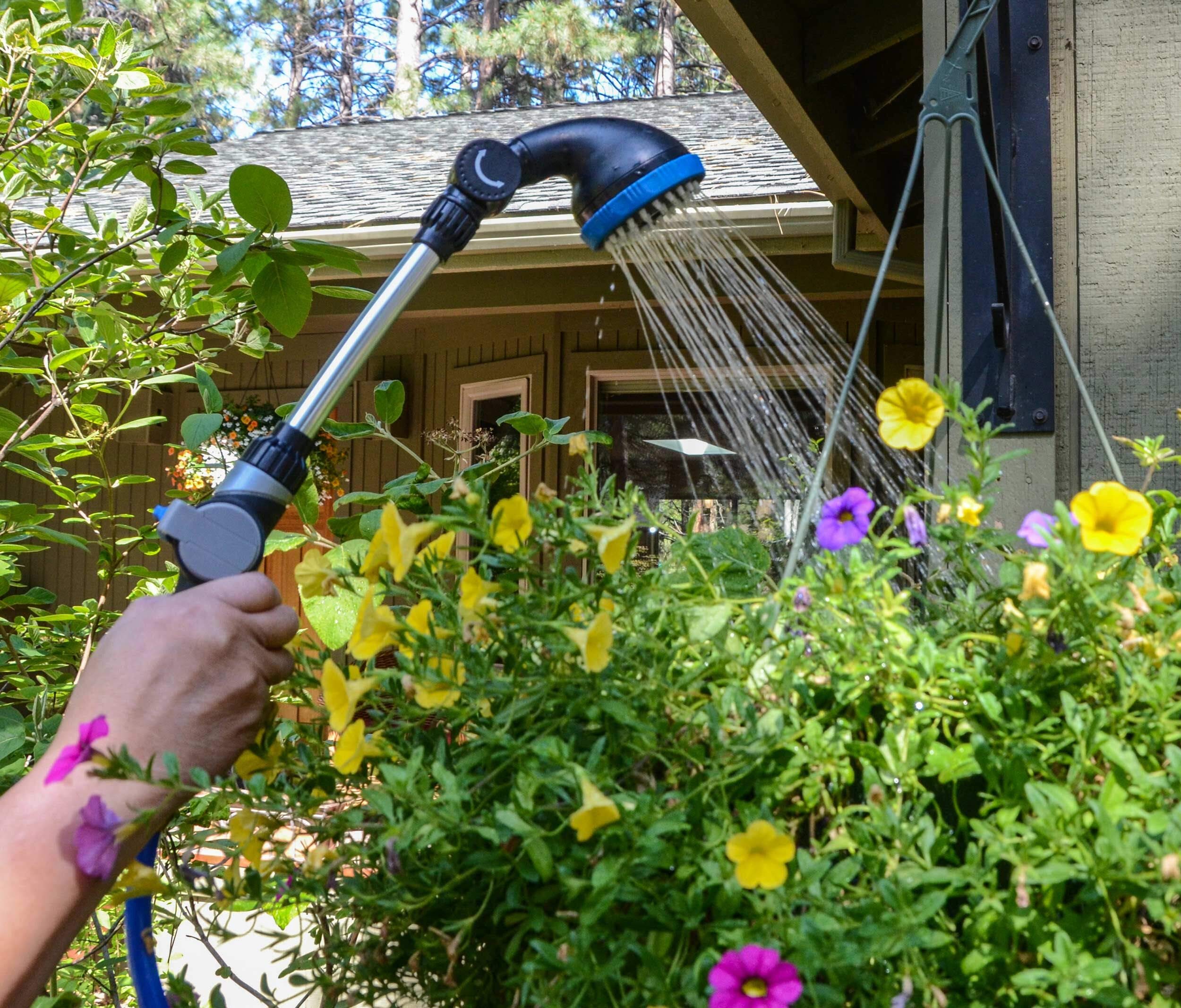 25ft 3/8 Inch Self Coiling Garden Hose with Shower Wand - Lightweight Expandable Water Hose for RV, Outdoor, Camping, Car Washing & Yard Watering (Blue)