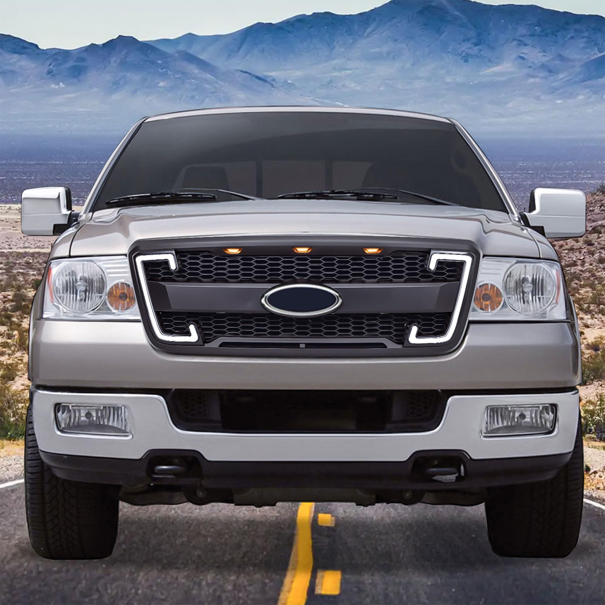 Raptor Style Mesh Grille with DRL & Turn Signals for 2004-2008 Ford F150 | Matte Black | Off-Road Upgrade | Enhanced Style & Visibility for Trucks