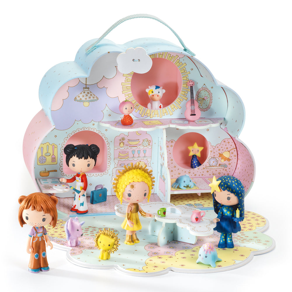 Djeco Tinyly Sunny & Mia House - Wooden Dollhouse for Kids, Pretend Play Toy with Miniature Furniture - Perfect for Imaginative Play & Room Decor