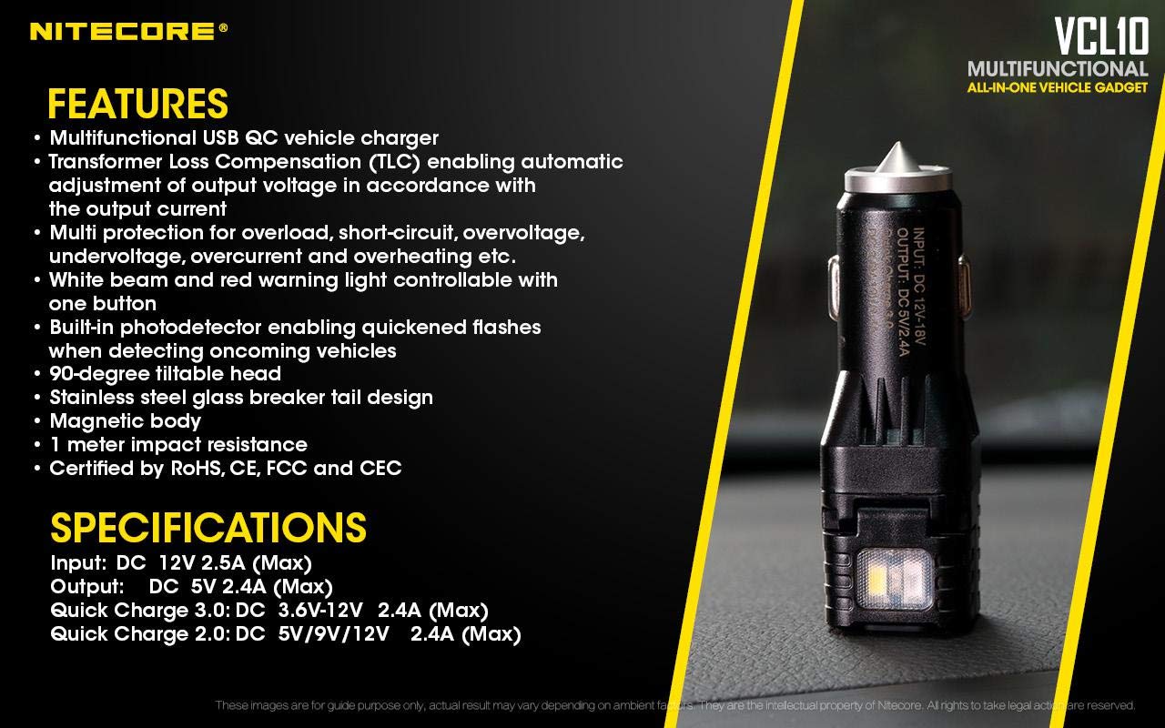 Nitecore VCL10 Car Cigarette Lighter Fast Charger with Window Breaker - 25 Lumens LED Flashlight - Includes Battery - Perfect for Emergency Kits & Road Trips