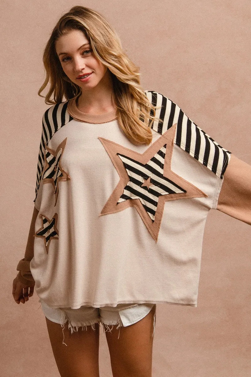BiBi Star Patchwork Mixed Long Sleeve Top for Women - Stylish Boho Chic Blouse for Casual Wear, Date Night & Office Outfits