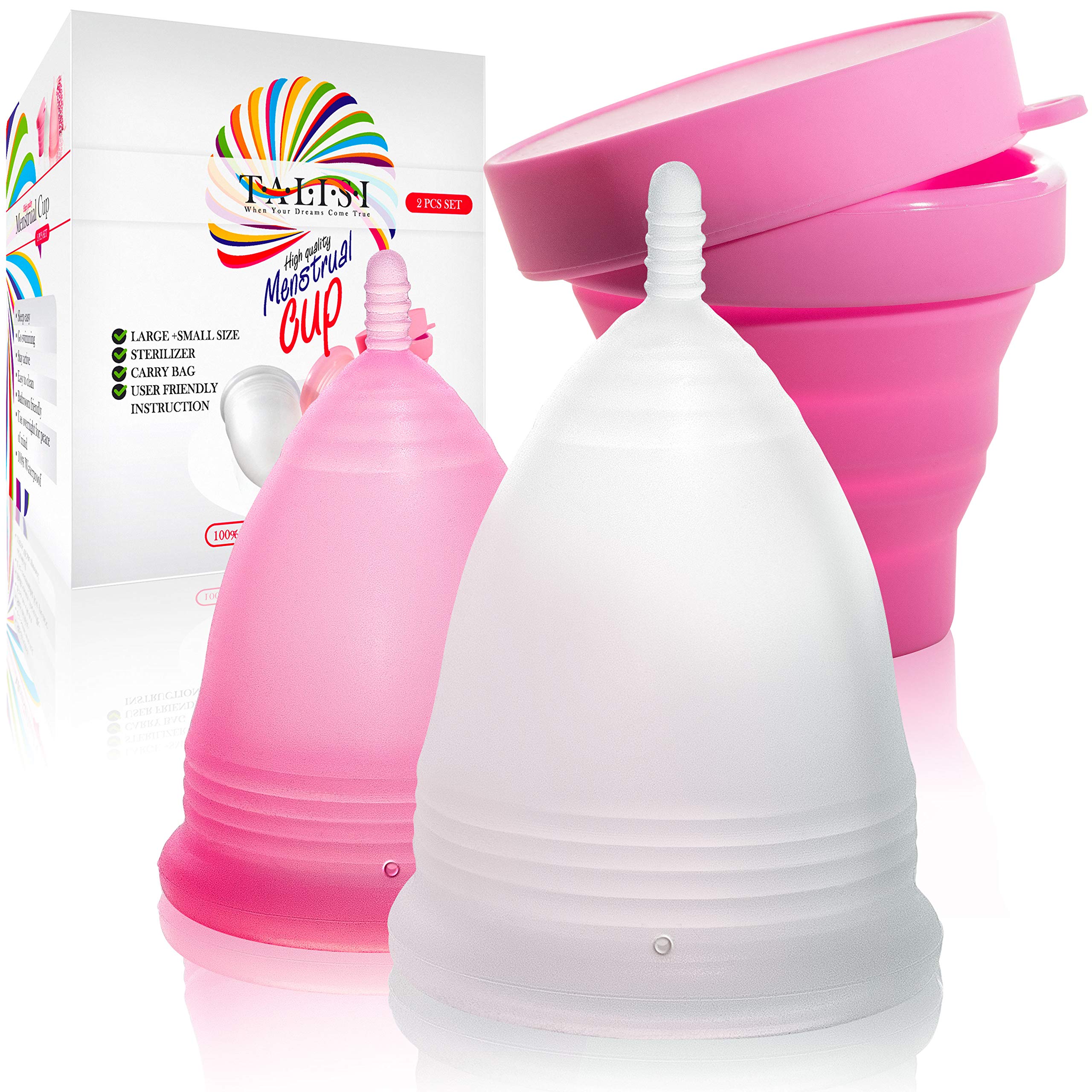 Talisi Reusable Menstrual Cups Set of 2 - Soft Medical Grade Silicone Period Cup Kit with Collapsible Cleaner & Sterilizer - Tampon & Pad Alternative for Light to Heavy Flow (Small & Large Sizes) - Perfect for Travel, Gym, Swimming & Active Lifestyles