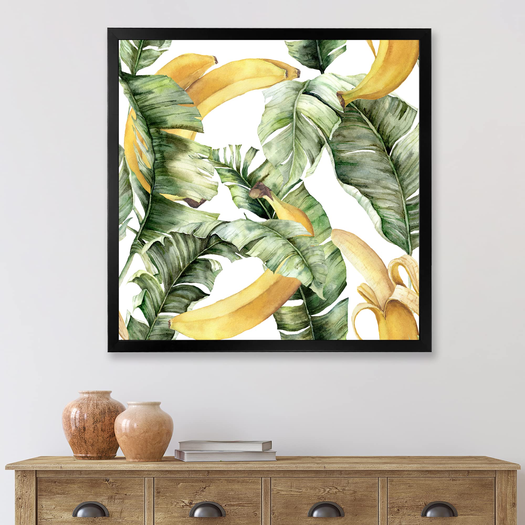 DesignQ Ripe Bananas With Leaves Framed Wall Art - Tropical Coastal Decor for Kitchen, Dining Room & Beach House