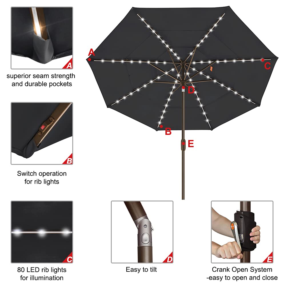 EliteShade USA 10-Year Fade-Resistant 9ft 3-Tier Solar Patio Umbrella with 80 LED Lights - Outdoor Market Umbrella with Ventilation for Garden, Poolside & Restaurant (Black) - Perfect for Backyard, Deck & Commercial Use